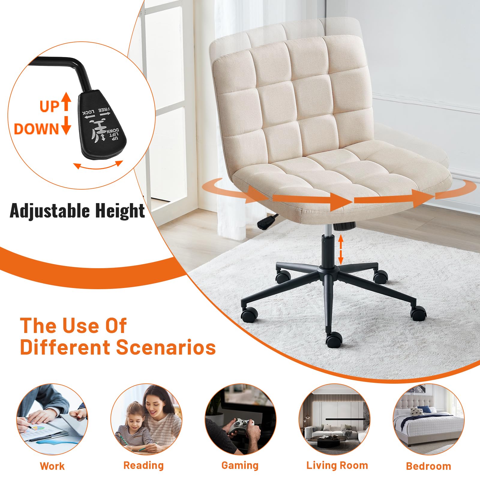 Furniliving Ergonomic Home Office Desk Chair with Wheels - Criss Cross Leg Base, Wide Seat, Armless & Height Adjustable Mid Back Swivel Chair for Work, Study, Gaming - Linen Beige Accent Vanity Chair for Small Spaces