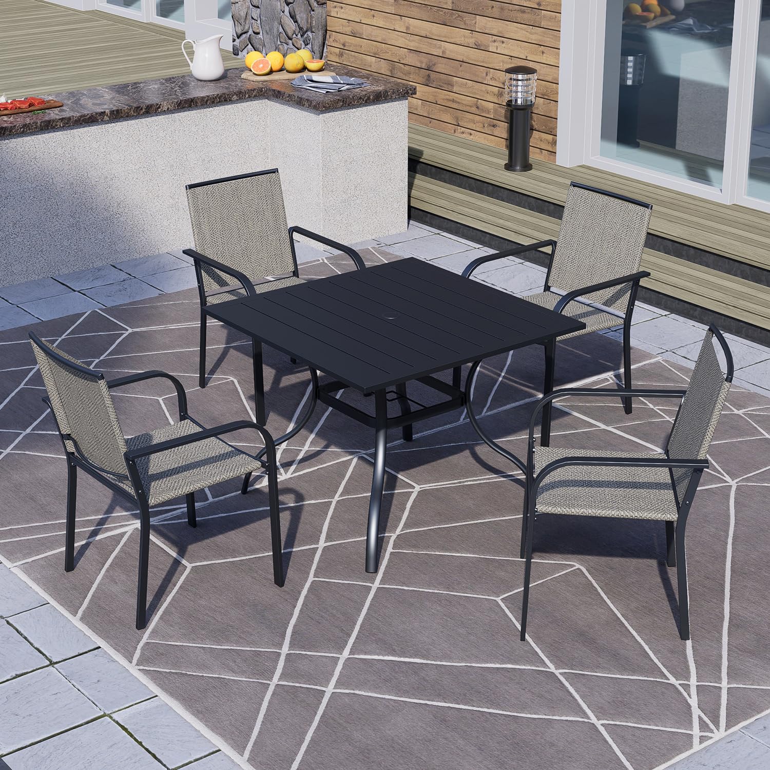 Anumutig 5-Piece Outdoor Dining Set - 35'' Square Table with 4 Stackable Patio Chairs, All-Weather Wicker Furniture in Beige Gray - Perfect for Backyard, Patio, Garden & Poolside Dining