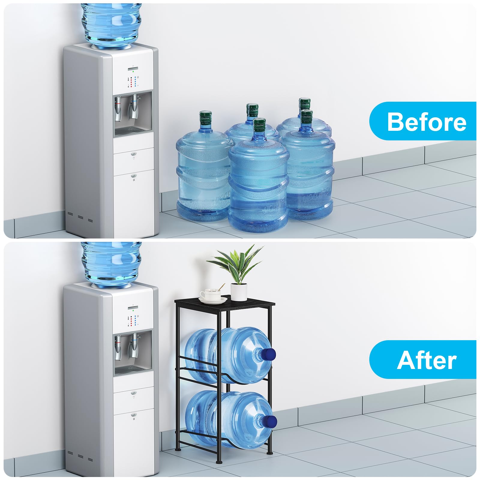 5 Gallon Water Bottle Holder Organizer - Heavy Duty 2-Tier Water Cooler Jug Storage Rack with Top Shelves | Durable Water Dispenser Stand for Kitchen, Office, Living Room | Perfect for Home, Workplace & Outdoor Use (Black)