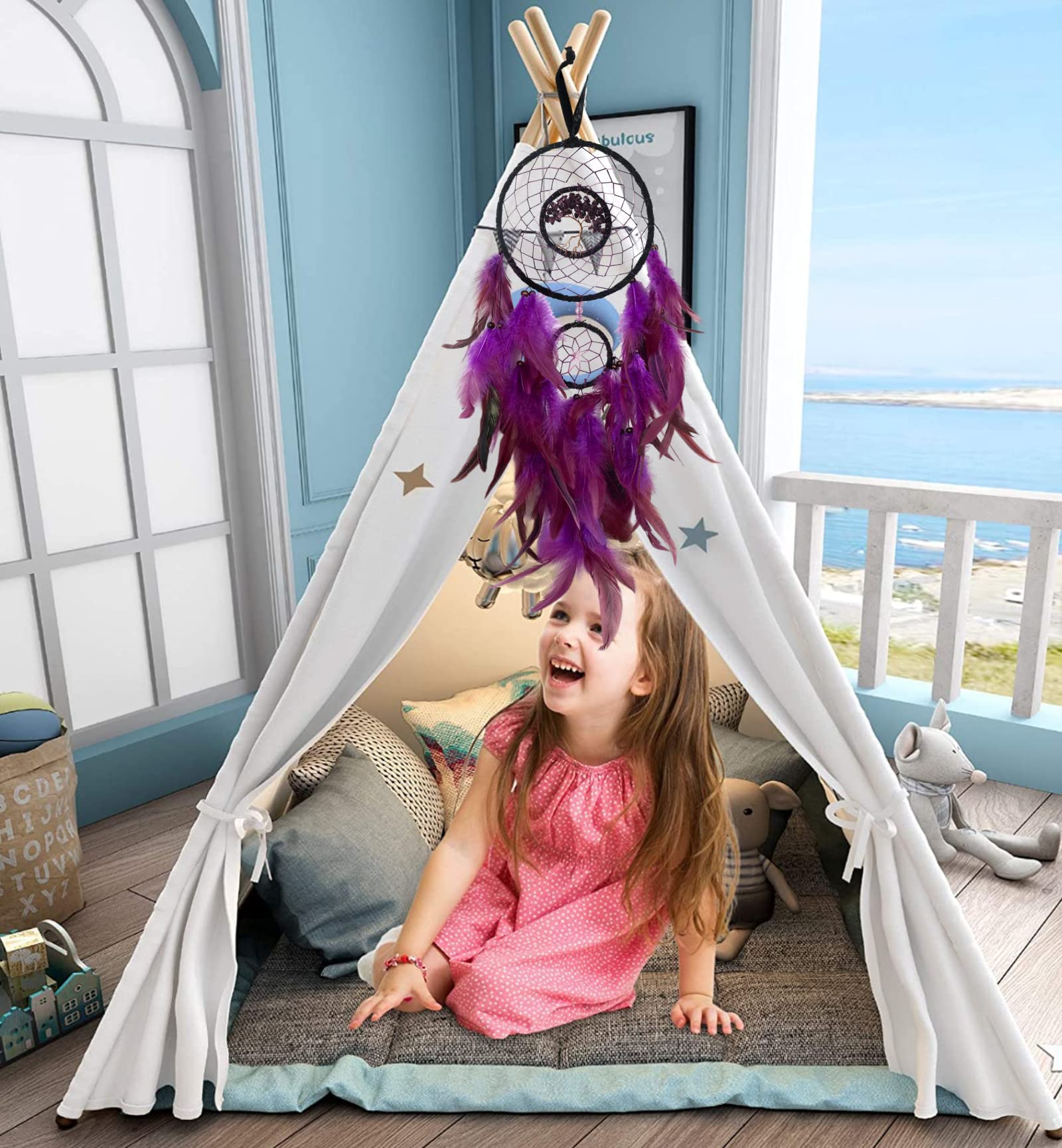 Purple Dream Catcher for Kids & Adults - Tree of Life Crystal Feather Wall Hanging for Bedroom Decor, Teen Room & Native American Style Home Accessories | Perfect for Nursery, Dorm Room & Spiritual Gifts