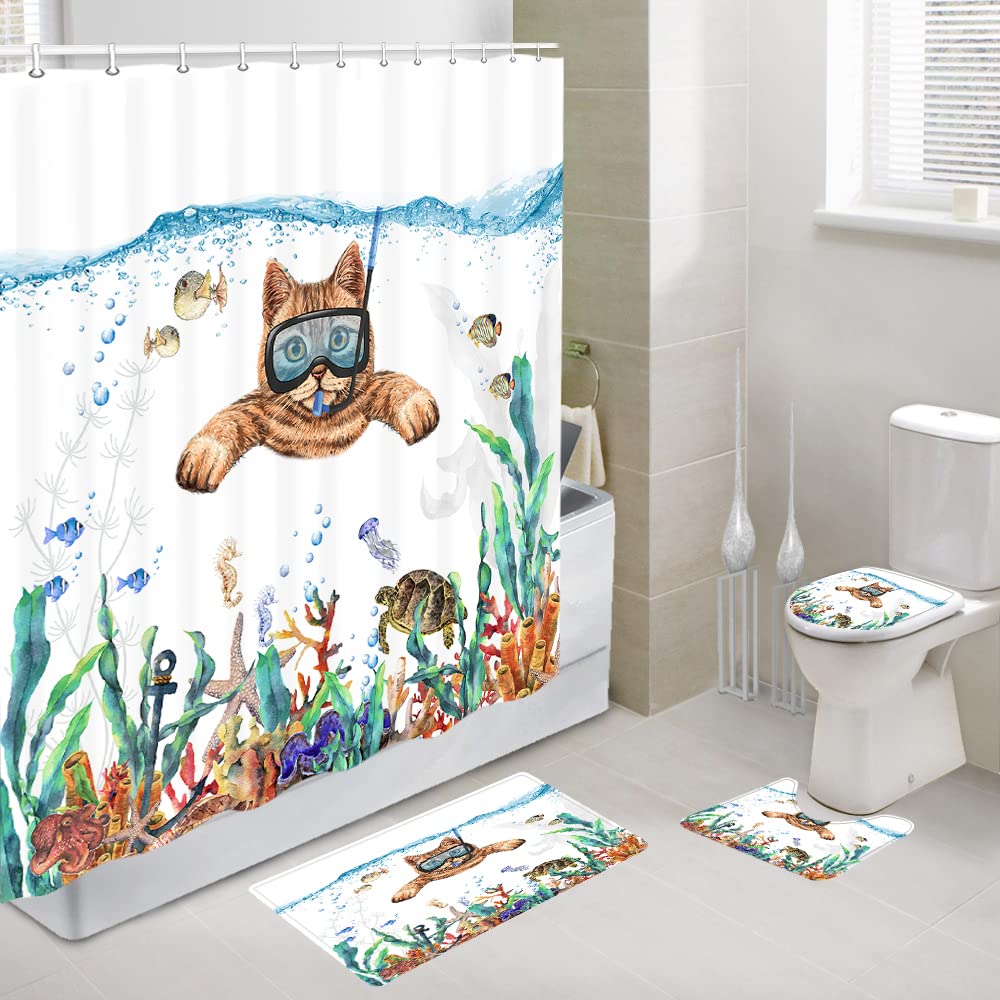 Funny Cat Bathroom Set - Non-Slip Rugs, Toilet Lid Cover & Bath Mat with Hooks | Cute Cat Diving Shower Curtain for Pet Lovers | Perfect for Bathroom Decor & Gift Ideas