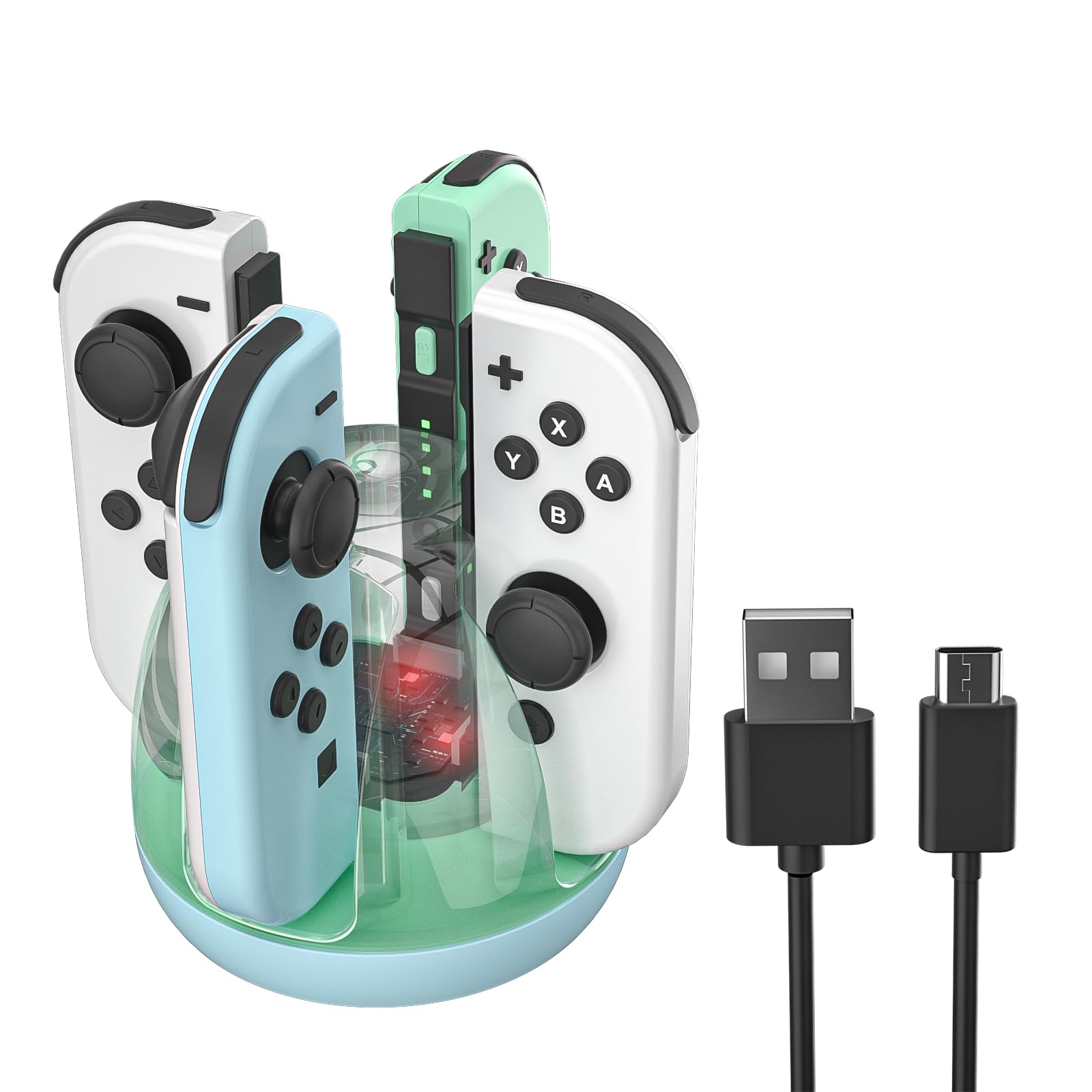Nintendo Switch Joy-Con Charger Stand - Fast Charging Dock for Switch & Switch OLED Controllers with LED Indicator & USB Cable (Blue Green) - Perfect for Gaming Sessions & Multiplayer Setups
