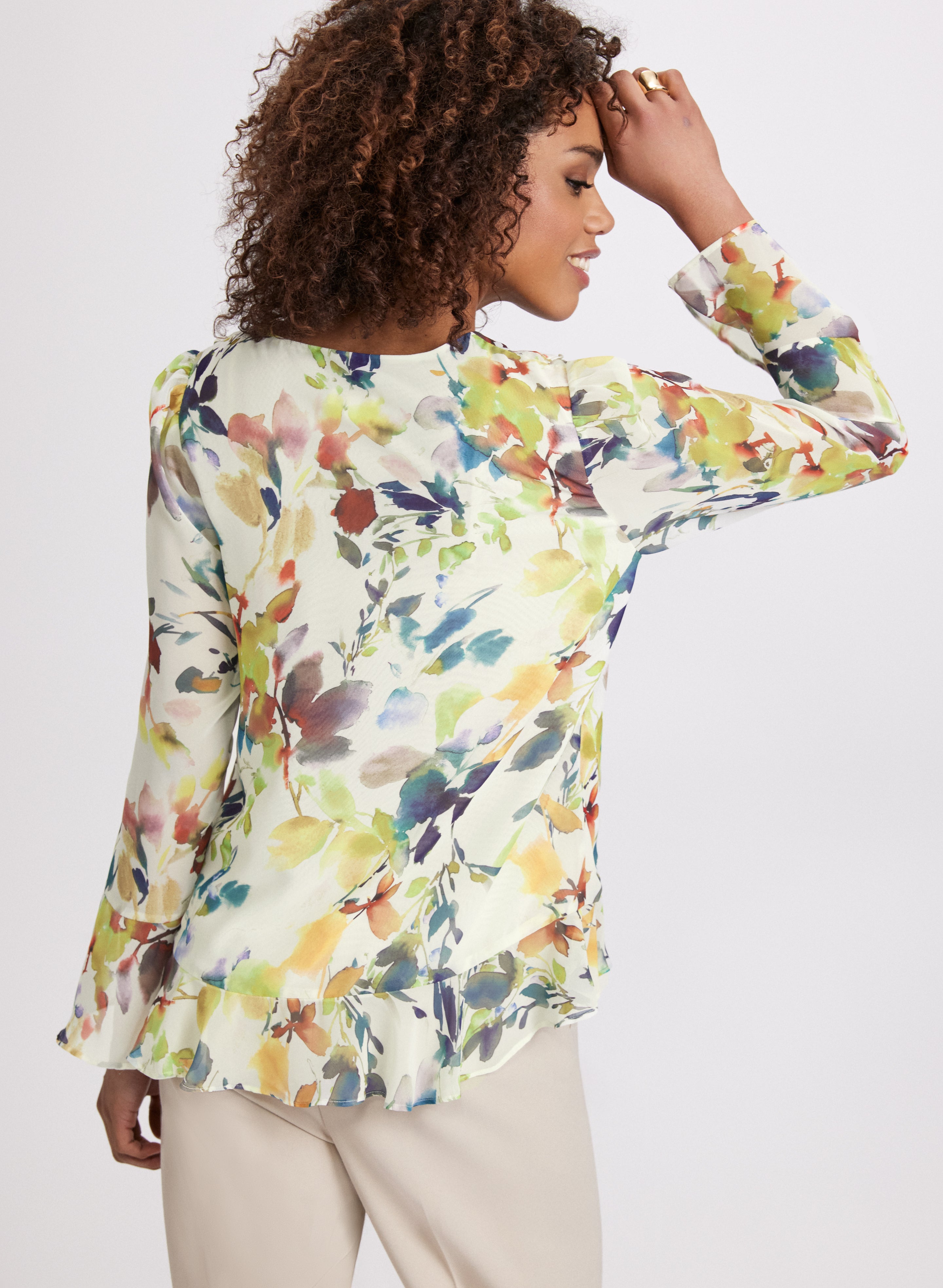 Floral Ruffle Front Blouse for Women - Elegant Flowy Top with Feminine Ruffles - Perfect for Spring, Summer, Office Wear & Date Nights