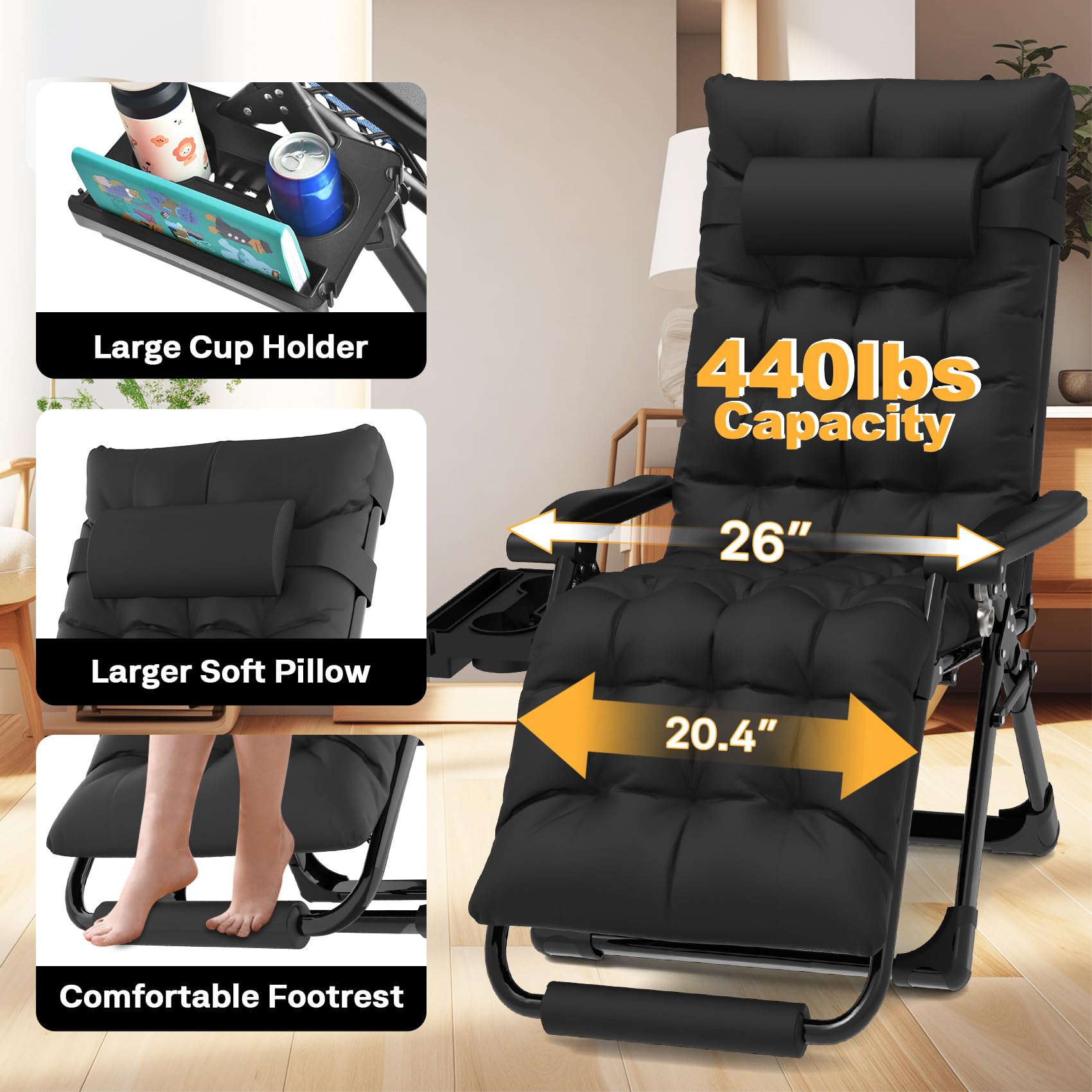 **Premium Zero Gravity Chair with Padded Cushion - Foldable Reclining Lounge Chair for Indoor & Outdoor Use, Patio, Camping, Beach - Includes Aluminum Alloy Lock, Cup Holder, Headrest & Footrest - Perfect for Relaxing in Backyard, Poolside or Travel**