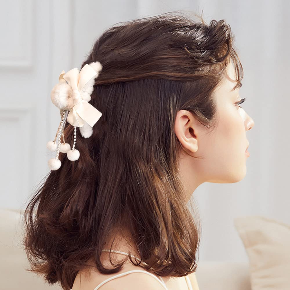 2 Pack Furry Big Bow Hair Clips with Pearl Pendant - Non-Slip Hair Claws for Women & Girls - Perfect for Thin to Thick Hair Styling, Fashion Accessories for Parties, Weddings & Everyday Wear