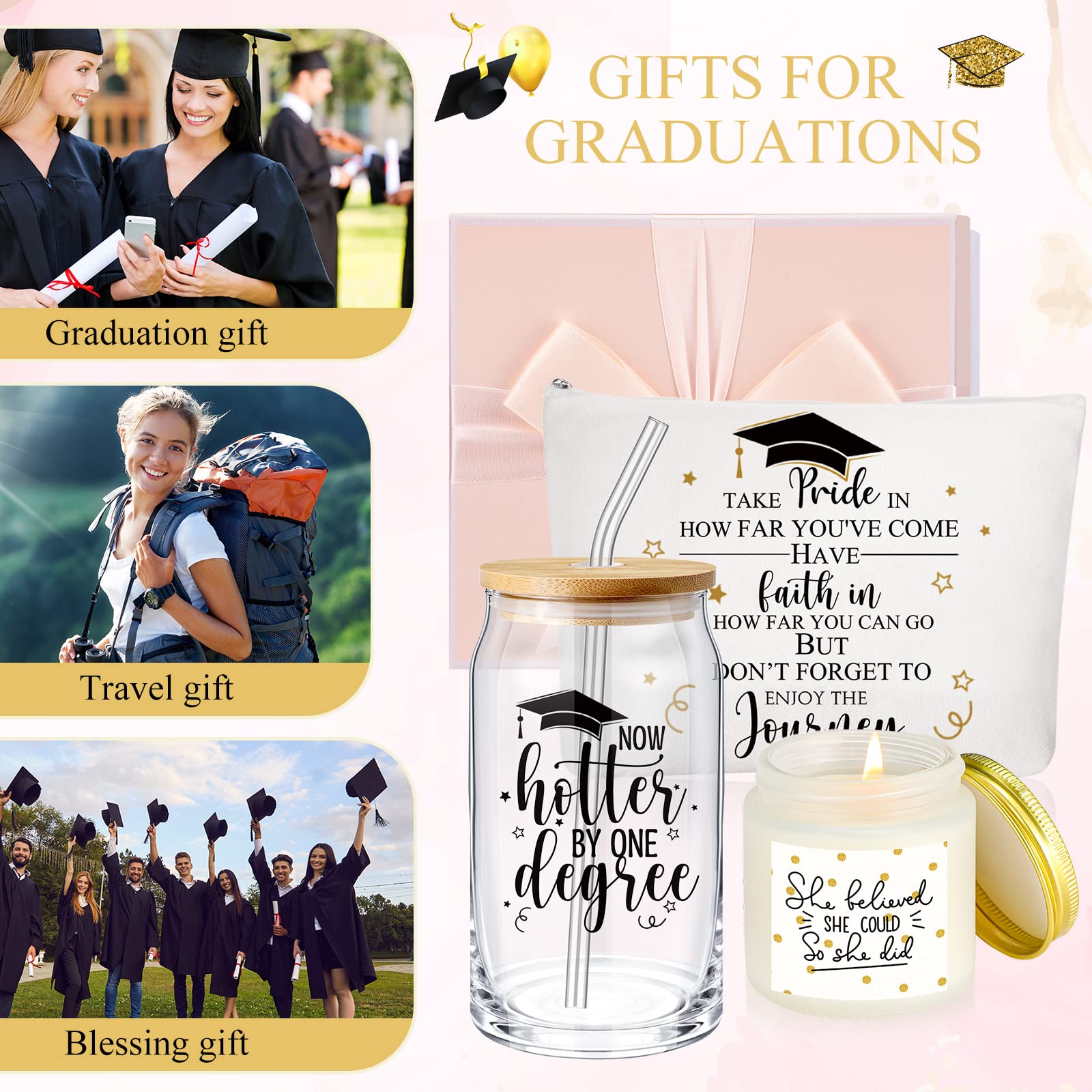 2025 Graduation Gifts for Women - Set of 4 Inspirational Glass Cups & Rainbow Makeup Bag - Perfect Graduation Gift Set for Female Students & Friends - Great for College Dorms, Office Decor & Daily Use