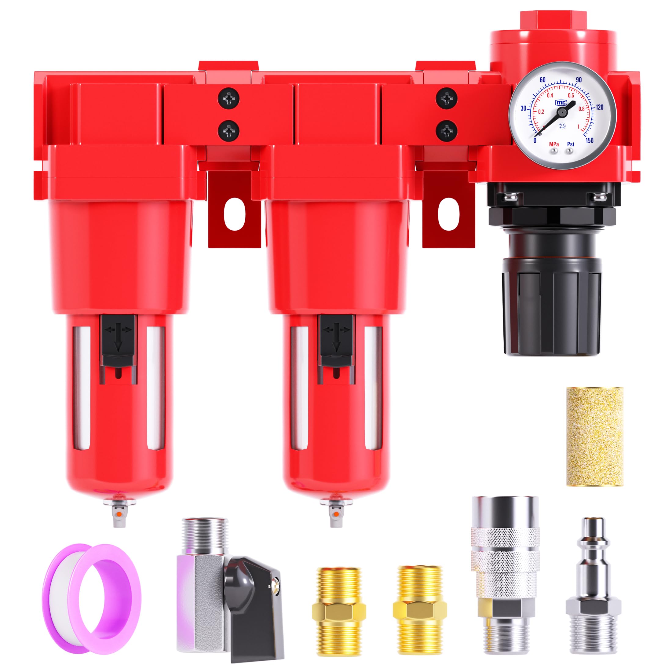 TAILONZ PNEUMATIC 1 Inch NPT 150PSI 3-in-1 Air Filter Pressure Regulator Combo with 5 Micron Filter Element (Manual Drainage) - Ideal for Air Tool Compressors, Industrial Pneumatic Systems & Workshop Applications