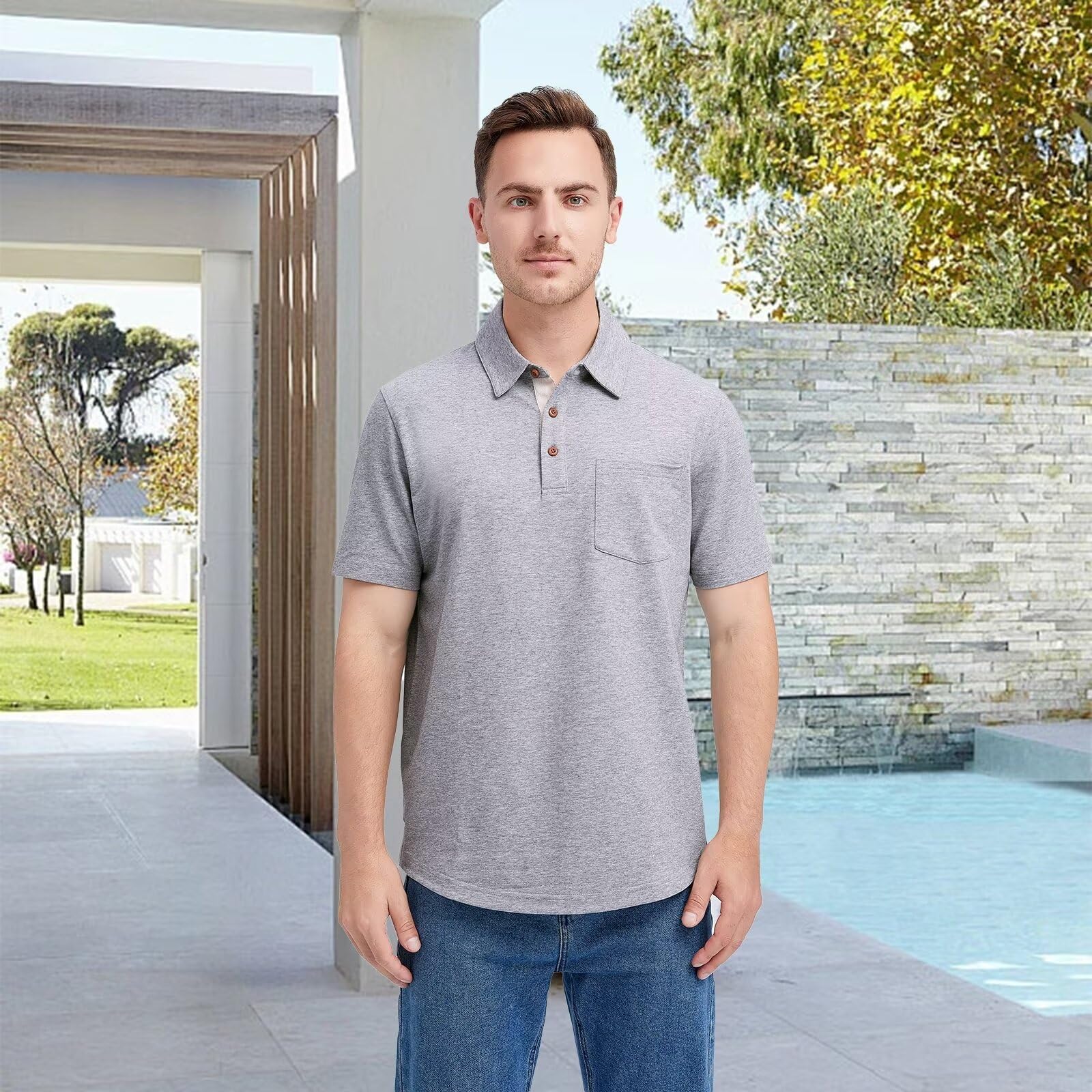 Men's Long & Short Sleeve Polo Shirts - Breathable Cotton Blend, Classic Collar with Pocket - Casual & Business Wear for Office, Golf & Outdoor Activities