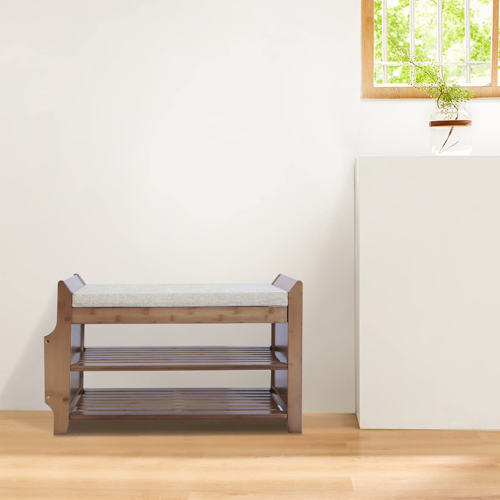 2-Tier Bamboo Shoe Bench with Cushion - Entryway Shoe Rack Organizer & Coat Storage Shelf | Space-Saving Shoe Storage Solution for Hallway, Mudroom or Bedroom (Wood Finish)