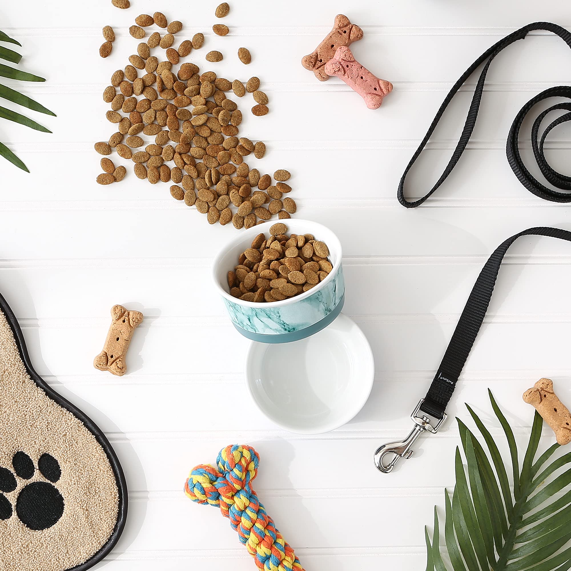 Non-Slip Ceramic Pet Bowls for Dogs & Cats - Bone Dry Marble Design, Microwave & Dishwasher Safe, Small Set (4.25x2 Inches, Teal, 2 Count) - Perfect for Food & Water Dishes at Home or Travel
