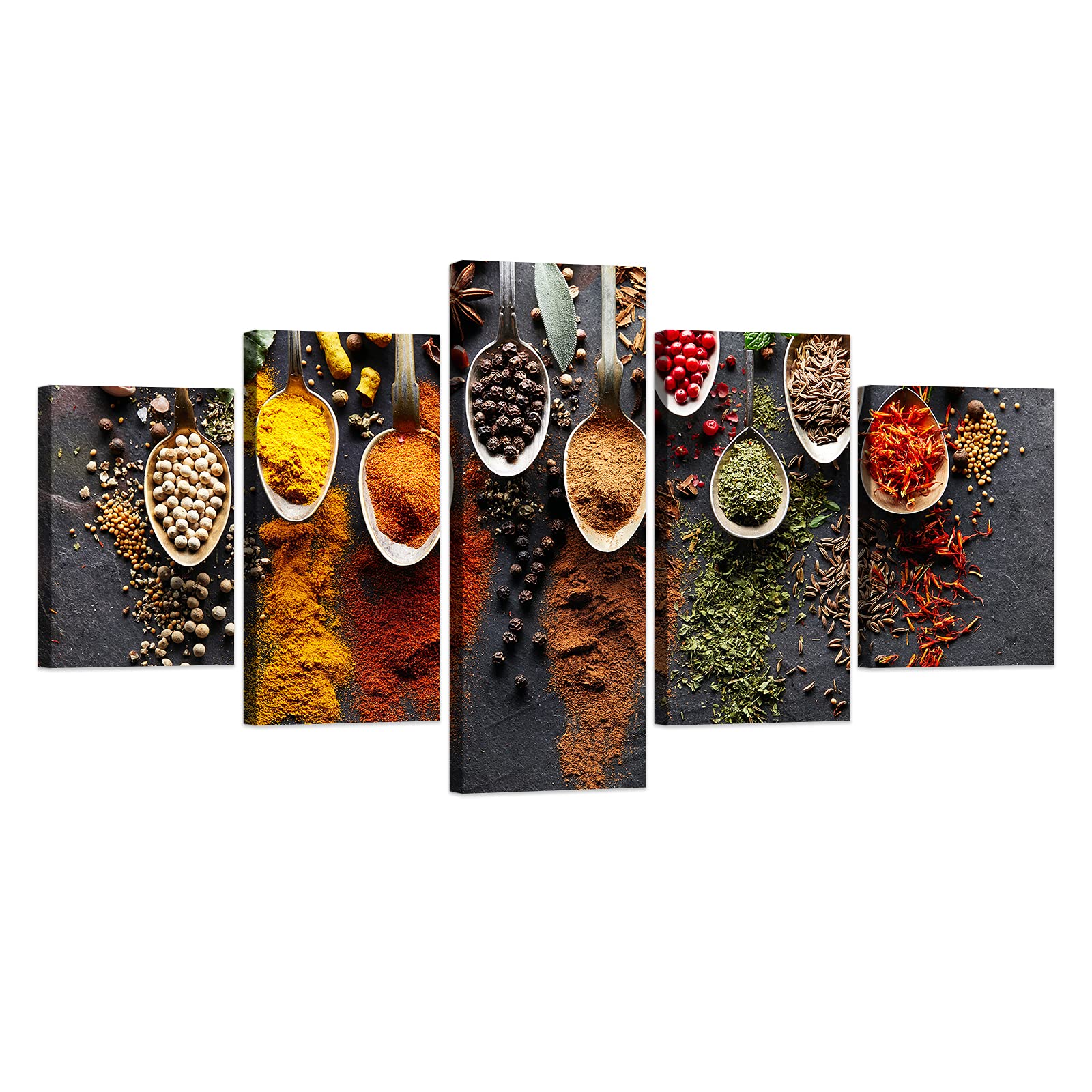 5-Piece Vintage Kitchen Spices Wall Art Canvas Print - Framed Herbs & Spoon Painting for Chef Gift, Restaurant Decor - Ready to Hang (60