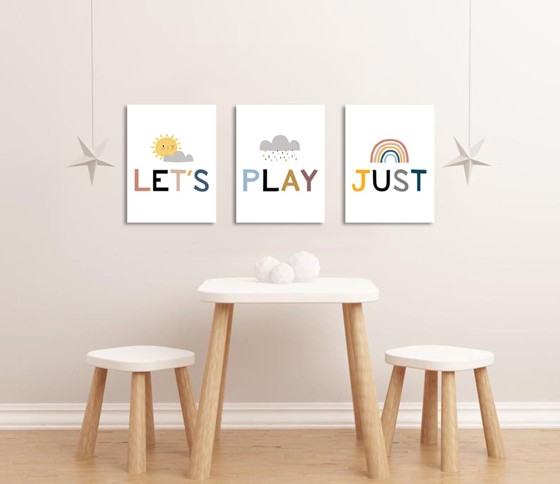 Kids Playroom Wall Decor - Playroom Sign & Let's Just Play Poster - Framed Classroom & Children's Room Art - Easy to Hang Playroom Wall Art for Bedrooms, Daycares & Preschools