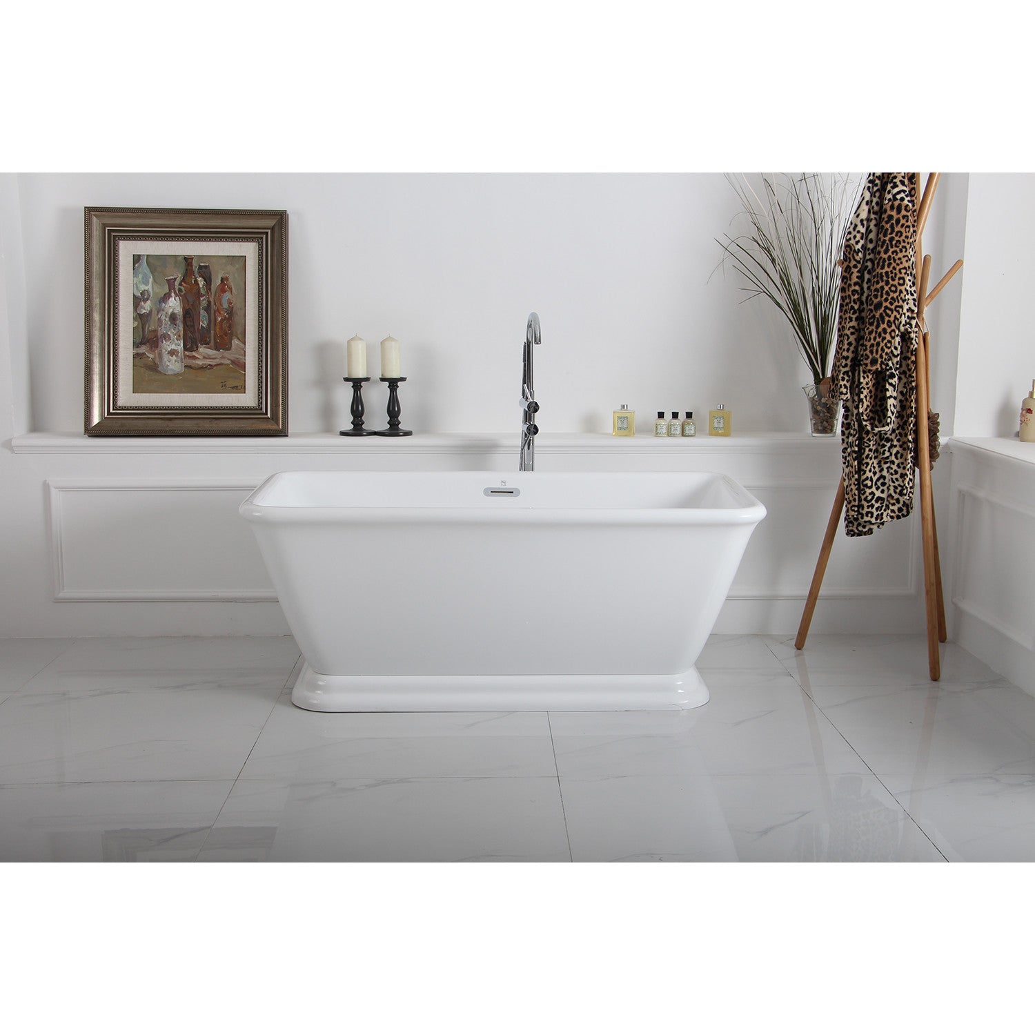 Aqua Eden 60 Inch Acrylic Oval Rectangular Double Ended Pedestal Bathtub - Glossy White Freestanding Soaking Tub with Drain (No Faucet Holes) for Luxury Bathroom & Spa Relaxation