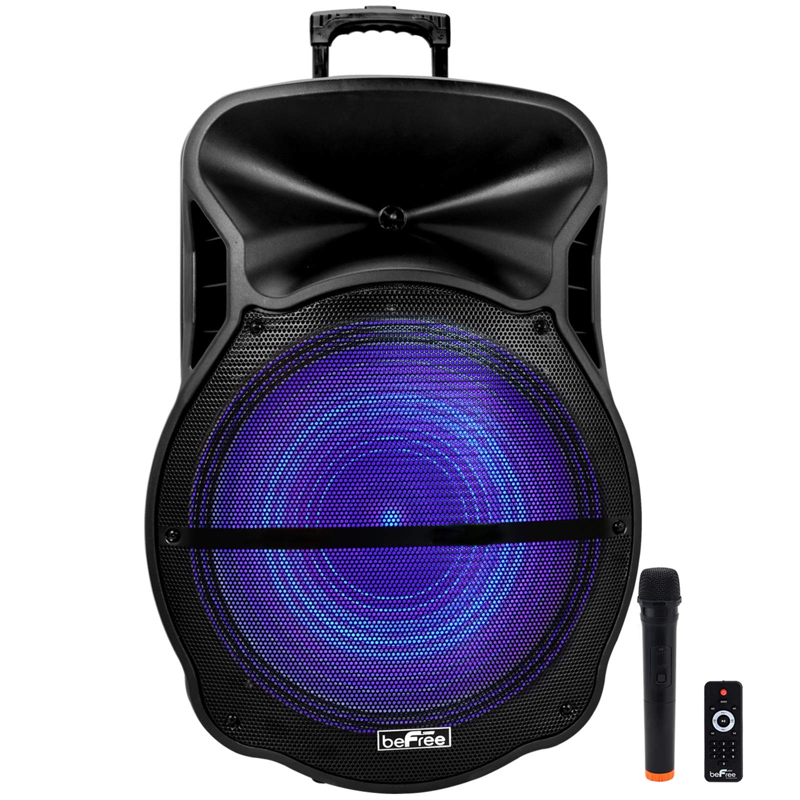 beFree Sound 18 Inch Bluetooth Party Speaker - Portable Rechargeable Wireless Speaker with LED Lights, USB/SD Playback, Mic/Guitar Inputs & FM Radio - Perfect for Outdoor Parties, Beach Gatherings & Home Entertainment