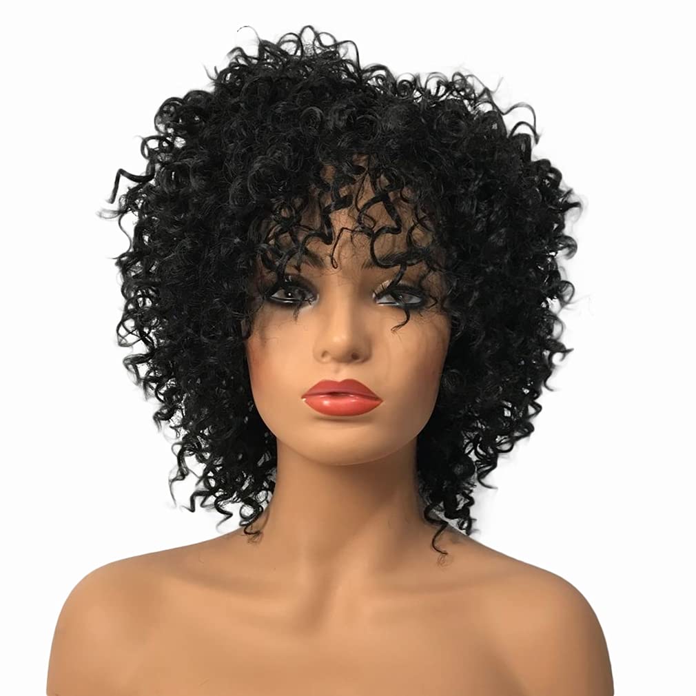 Natural Black Short Curly Wig for Women with Bangs - Soft Fluffy Synthetic Hairpiece in Cream Gold & Light Brown Blend | Perfect for Cosplay, Daily Wear & Costume Parties