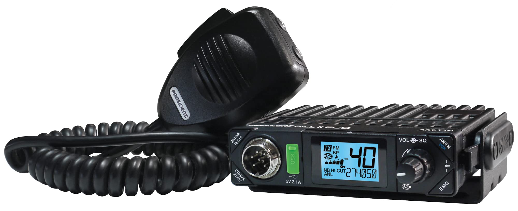 President Electronics BILL CB Radio - 40 Channel AM/SSB, 12V Power, USB 5V/2.1A Charging, LCD Display with S-Meter - for Truckers, Off-Roading & Emergency Communication