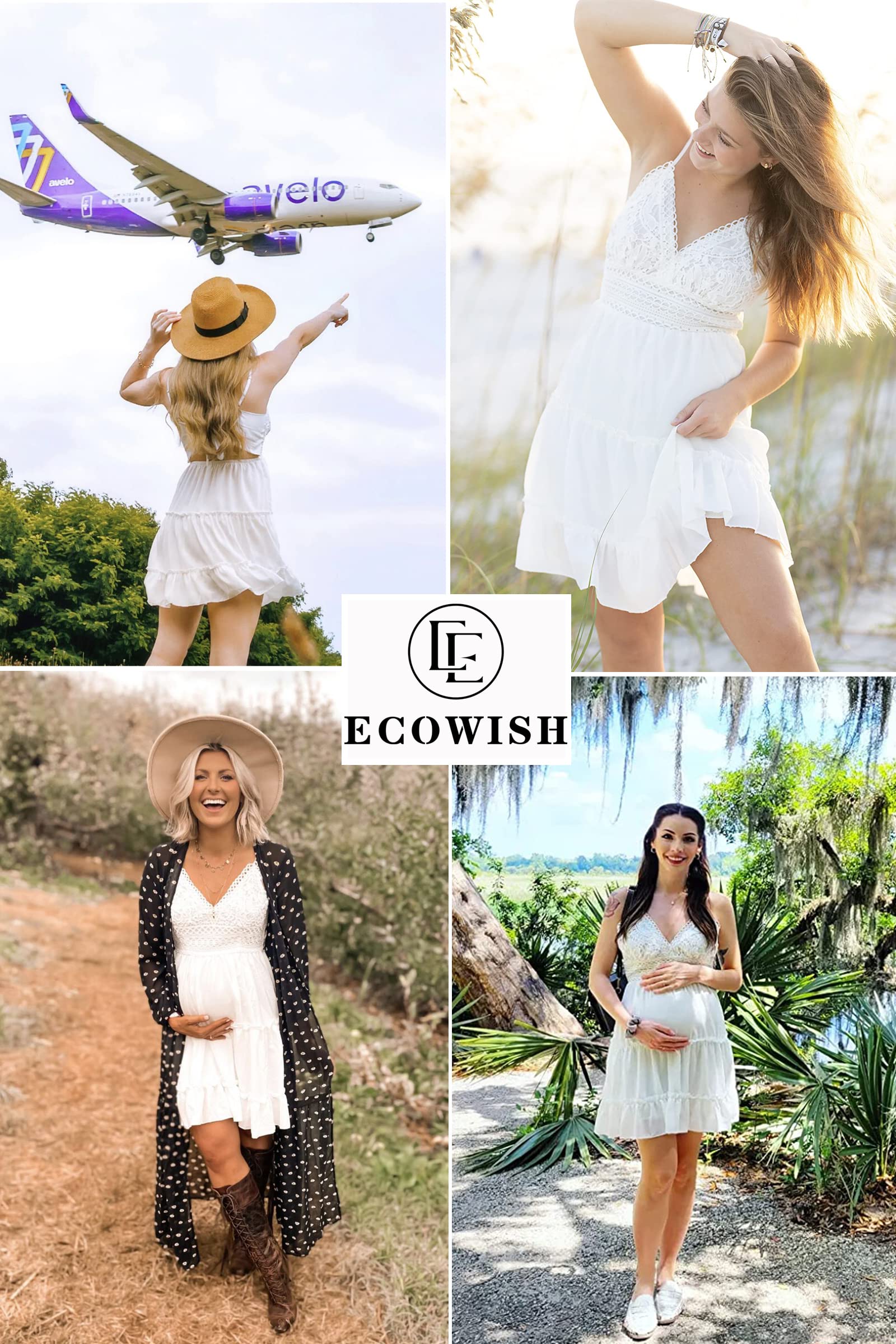 ECOWISH Women's Summer V-Neck Spaghetti Strap Backless Lace Mini Dress - Flowy Skater Style for Beach, Party & Date Night