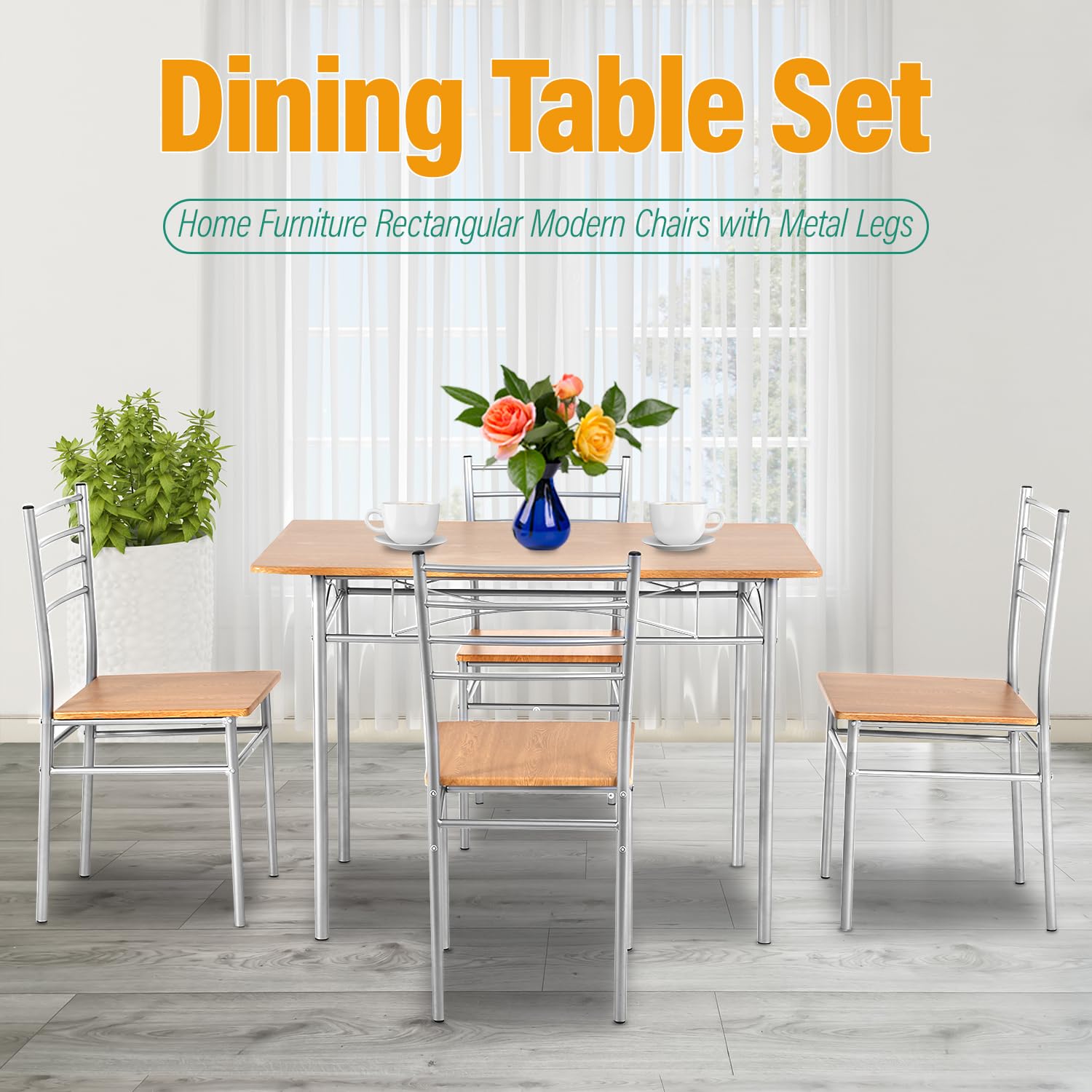 PayLessHere 5-Piece Wooden Dining Table Set with Metal Legs - Modern Rectangular Kitchen Table & 4 Chairs for Small Space, Breakfast Nook, Apartment Dining Room | Durable Home Furniture for Family Gatherings