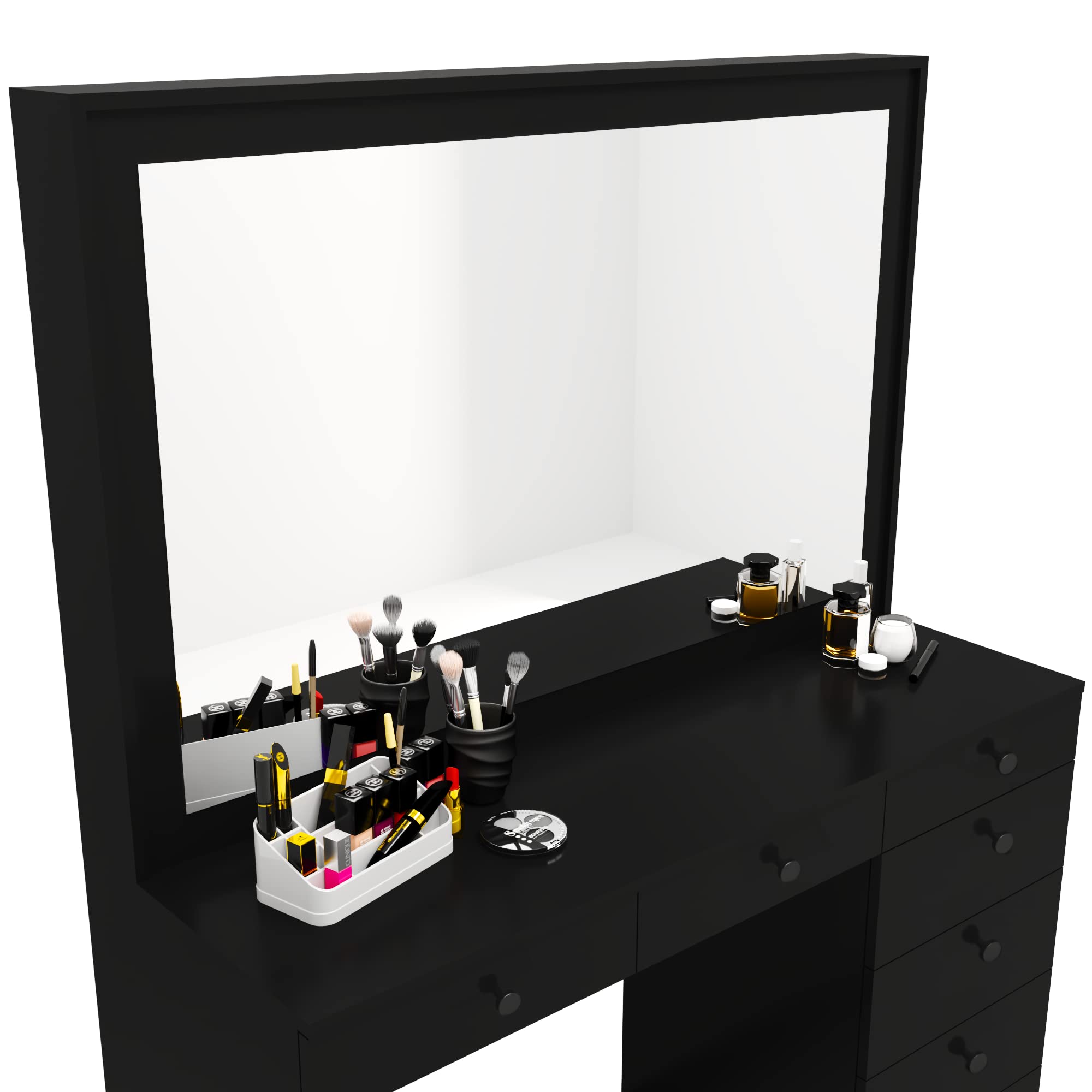 Boahaus Joan 7-Drawer Makeup Vanity Desk with Hollywood Mirror, Black Painted Dressing Table for Bedroom - Perfect for Makeup Organization & Beauty Routine