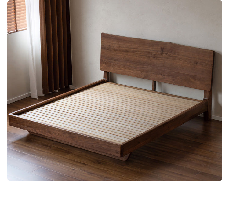 Black Walnut Solid Wood Bed Frame - Wabi Sabi Style Minimalist Bedroom Furniture for Zen & Japandi Home Decor