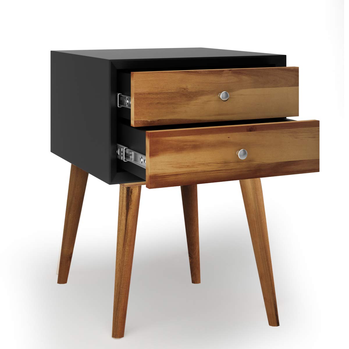 Mid Century Modern Nightstand with 2 Drawers - Solid Wood Legs Bedside Table for Bedroom, Living Room & Small Spaces - Black End Table for Cozy Home Decor & Convenient Storage