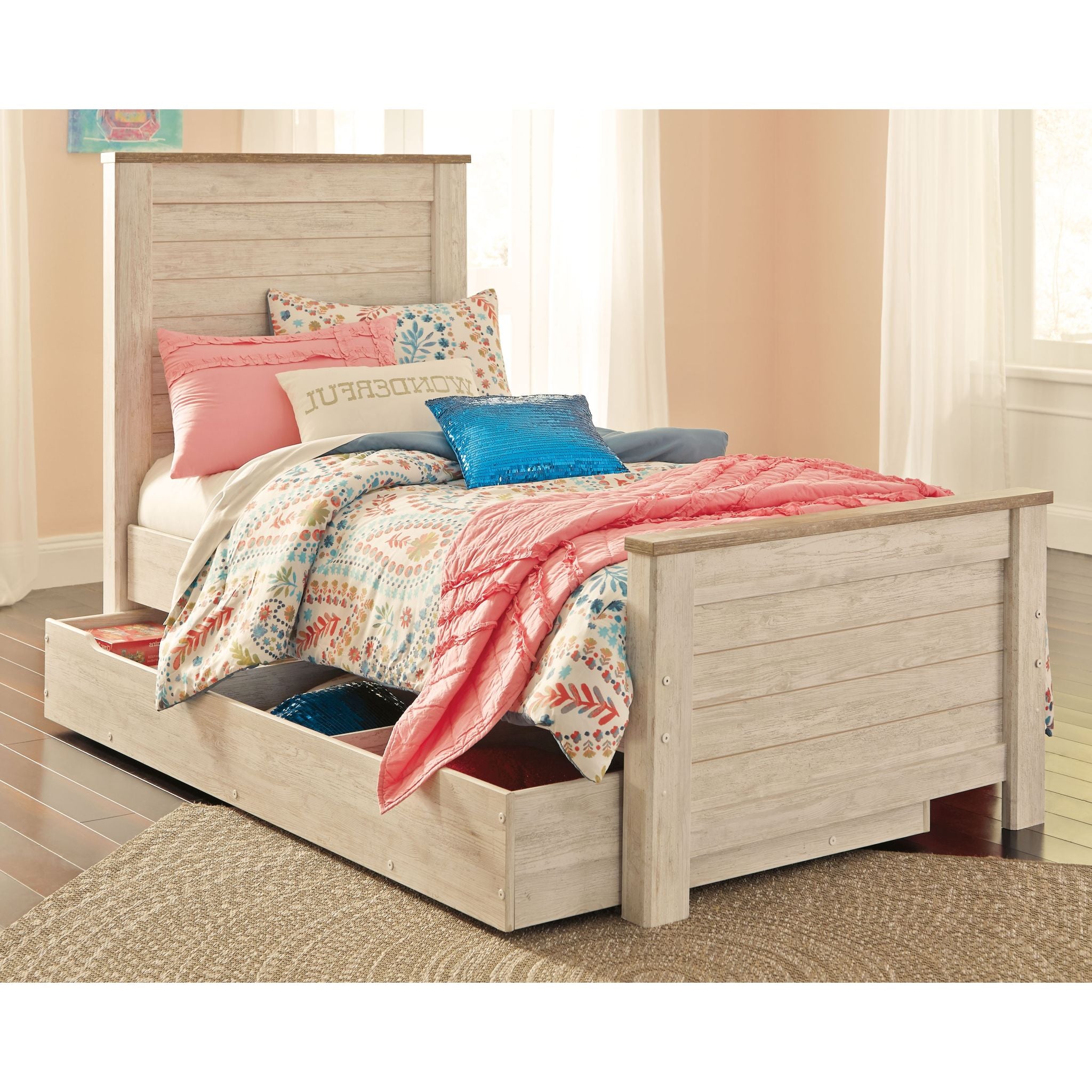 Ashley Trinell Twin Bed Frame with Headboard - Modern Wooden Platform Bed for Kids & Teens - Perfect for Small Bedrooms, Dorm Rooms & Guest Rooms