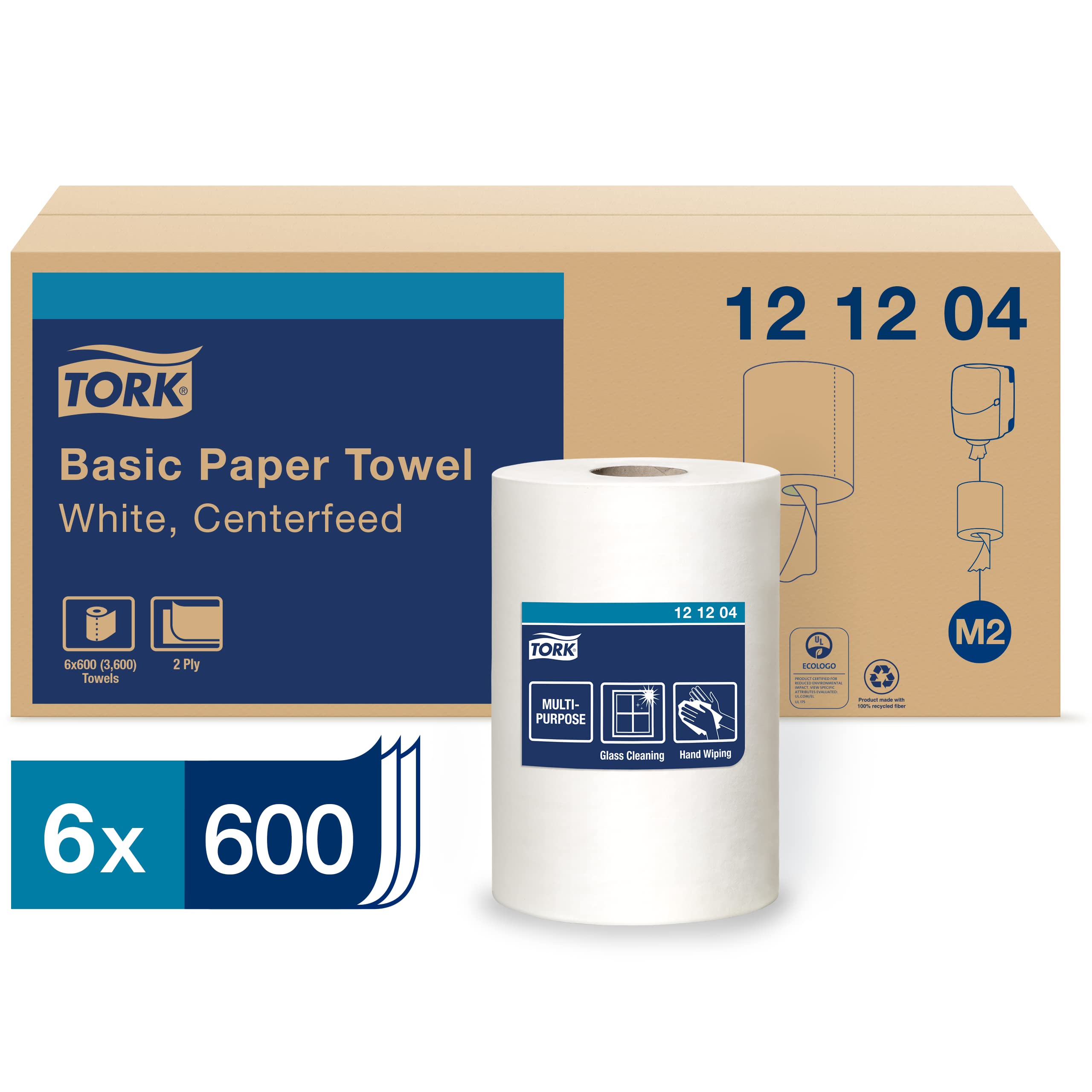 Tork Industrial Centerfeed Paper Towel Dispenser - Black (M2) with White Refill - 6 Rolls x 600 Sheets for Commercial Restrooms, Kitchens & Office Break Rooms