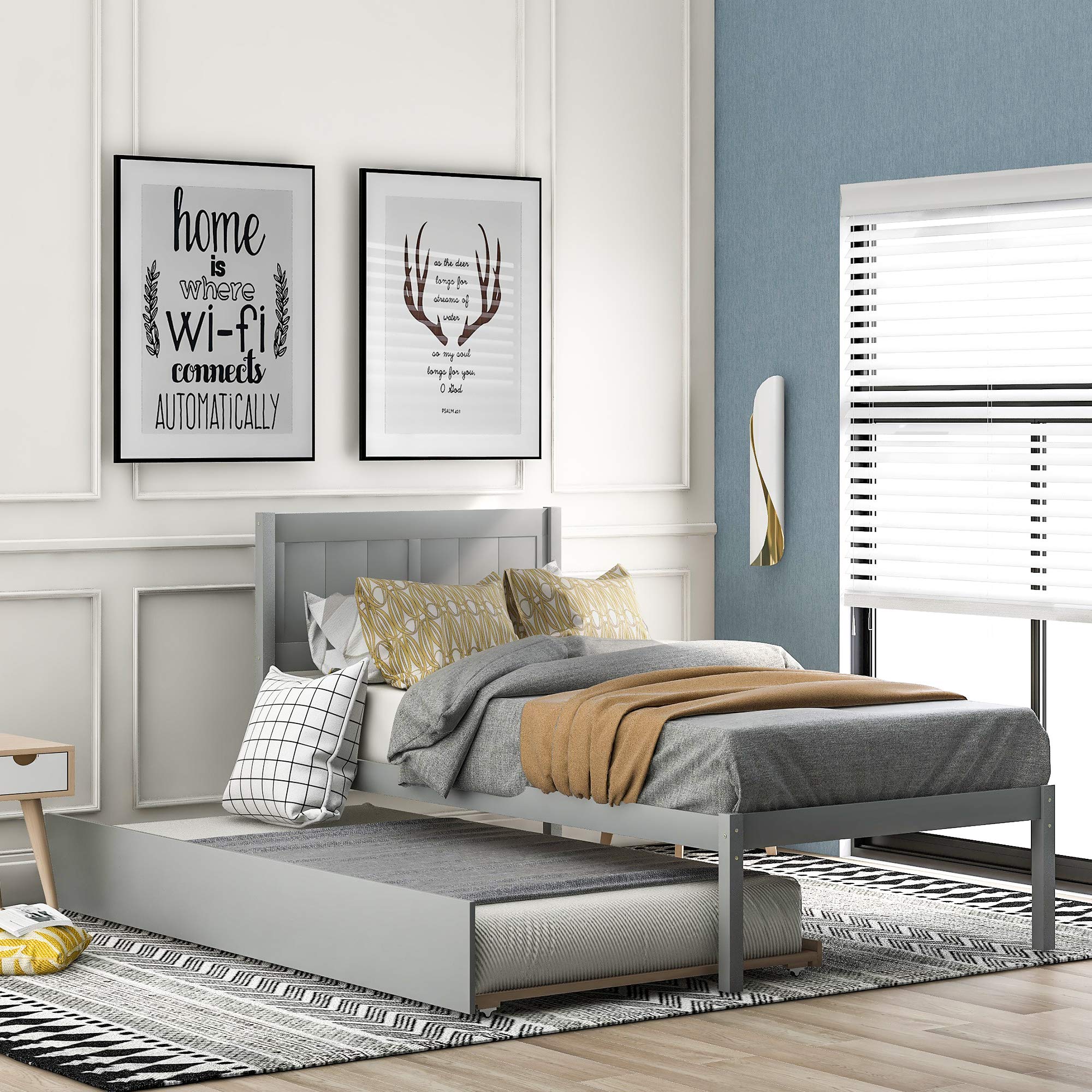Harper & Bright Designs Twin Size Platform Bed with Trundle - Solid Wood Twin Bed Frame in Gray - Perfect for Kids Room, Guest Bedroom & Small Spaces