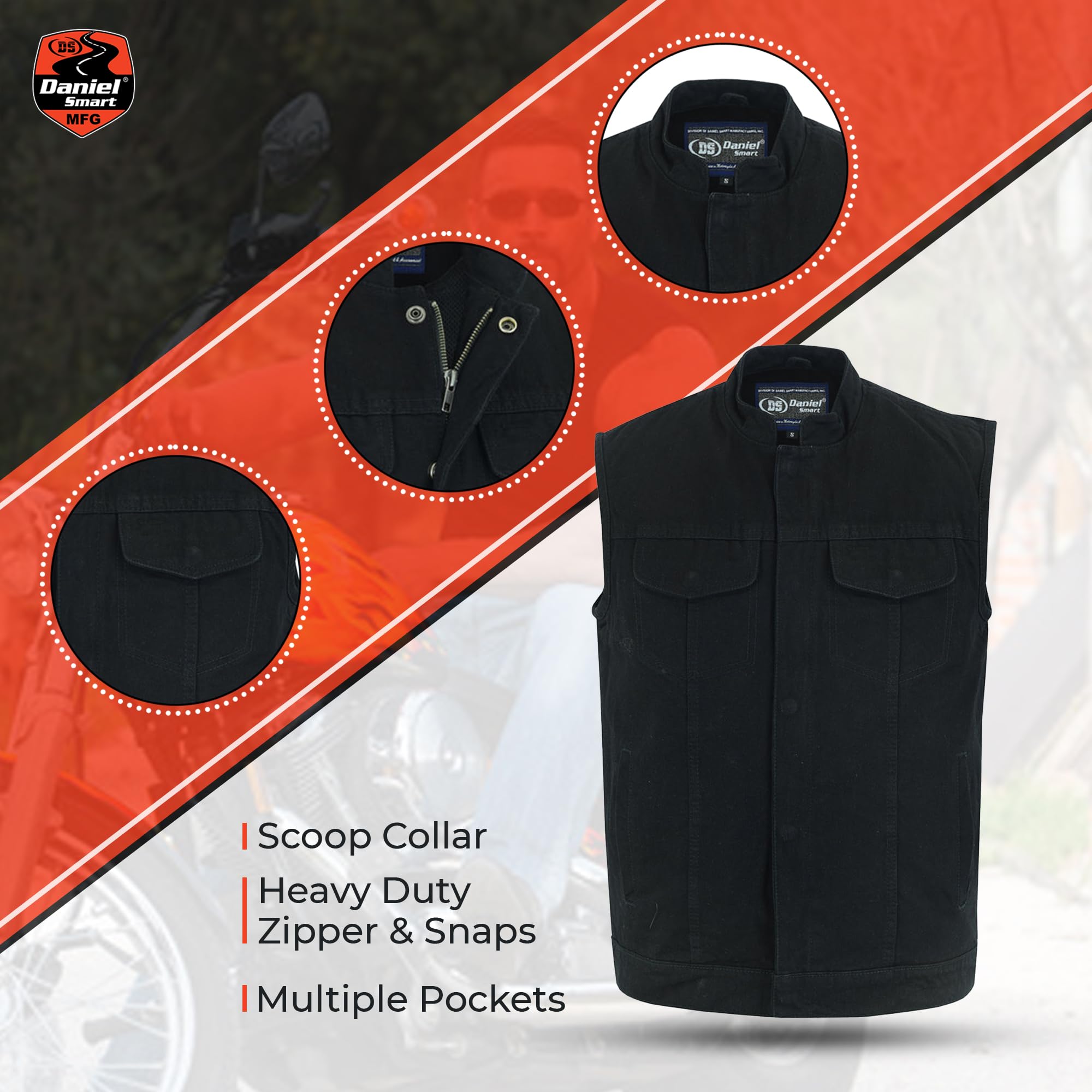 Daniel Smart Men's Denim Vest - Scoop Collar Motorcycle Jacket with Conceal Carry Pockets & Hidden Zipper - Perfect for Biker Rides, Outdoor Adventures & Casual Streetwear