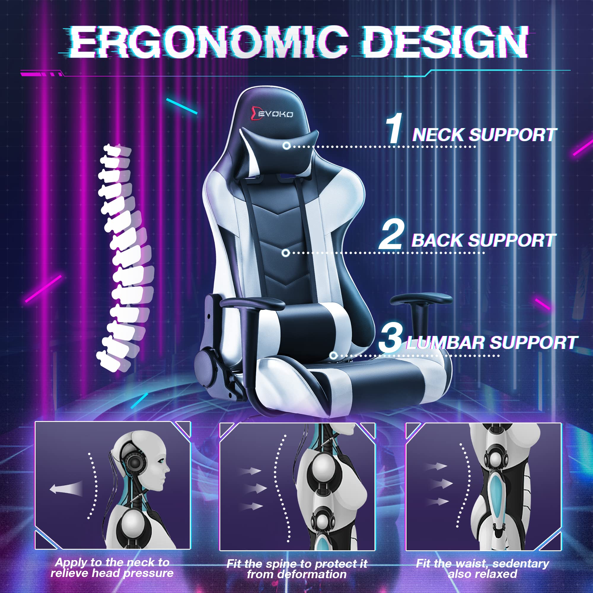 Devoko Ergonomic Gaming Chair - Racing Style Adjustable Height Office Chair with High Back, Headrest & Lumbar Support - Perfect for PC Gaming, Home Office & Executive Workspaces (White)