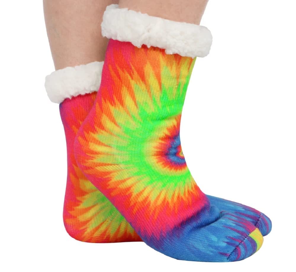 Women's Rainbow Tie-Dye Sherpa Socks - Cozy Dark Rainbow Pattern Fuzzy Warm Winter Socks for Women - Perfect for Cold Weather, Lounge Wear & Gift Giving