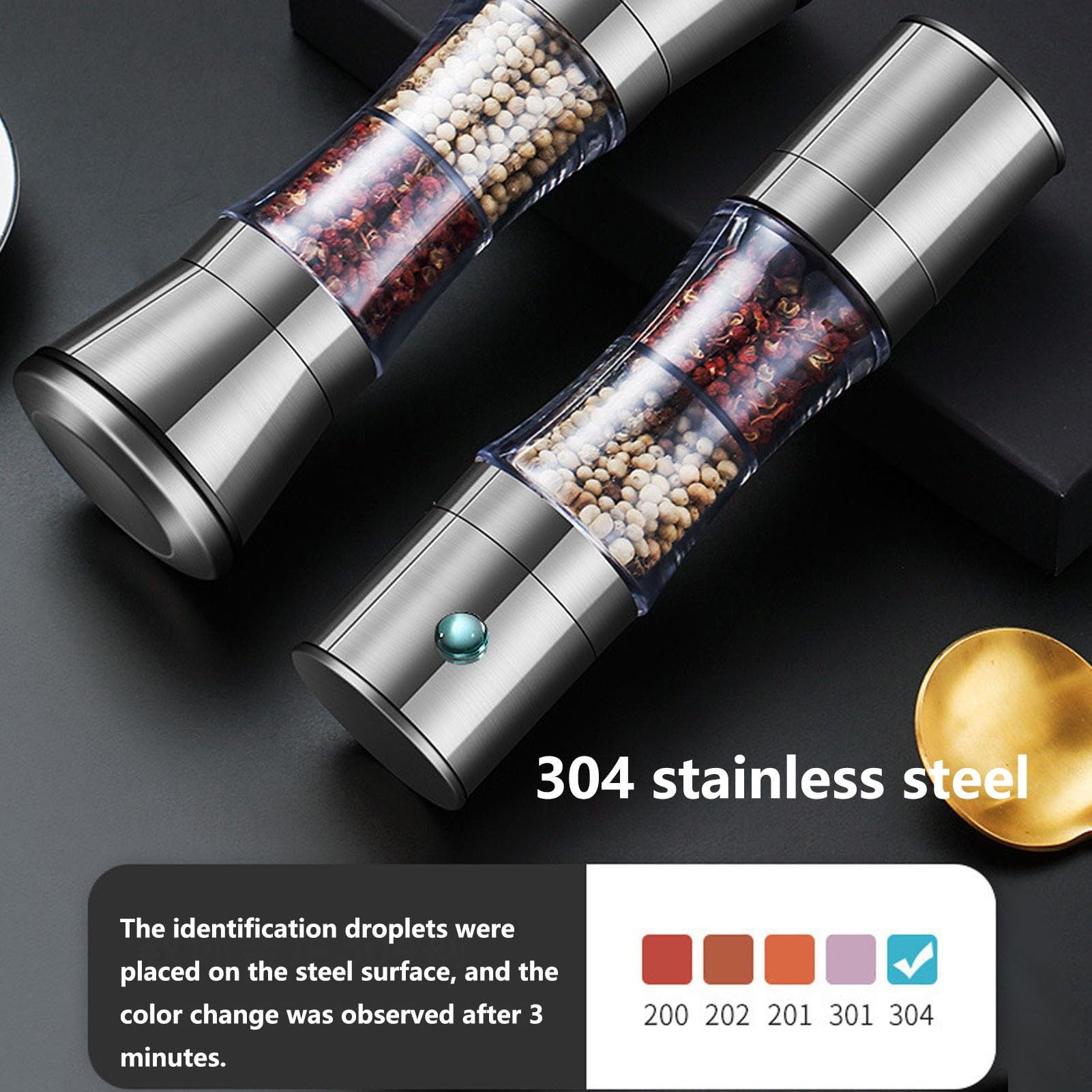 Premium 2-in-1 Manual Salt and Pepper Grinder Set - Adjustable Ceramic Grinding Core with 304 Stainless Steel & Clear Acrylic Chamber - Perfect for Kitchen, Dining Table, Camping, and Gifts