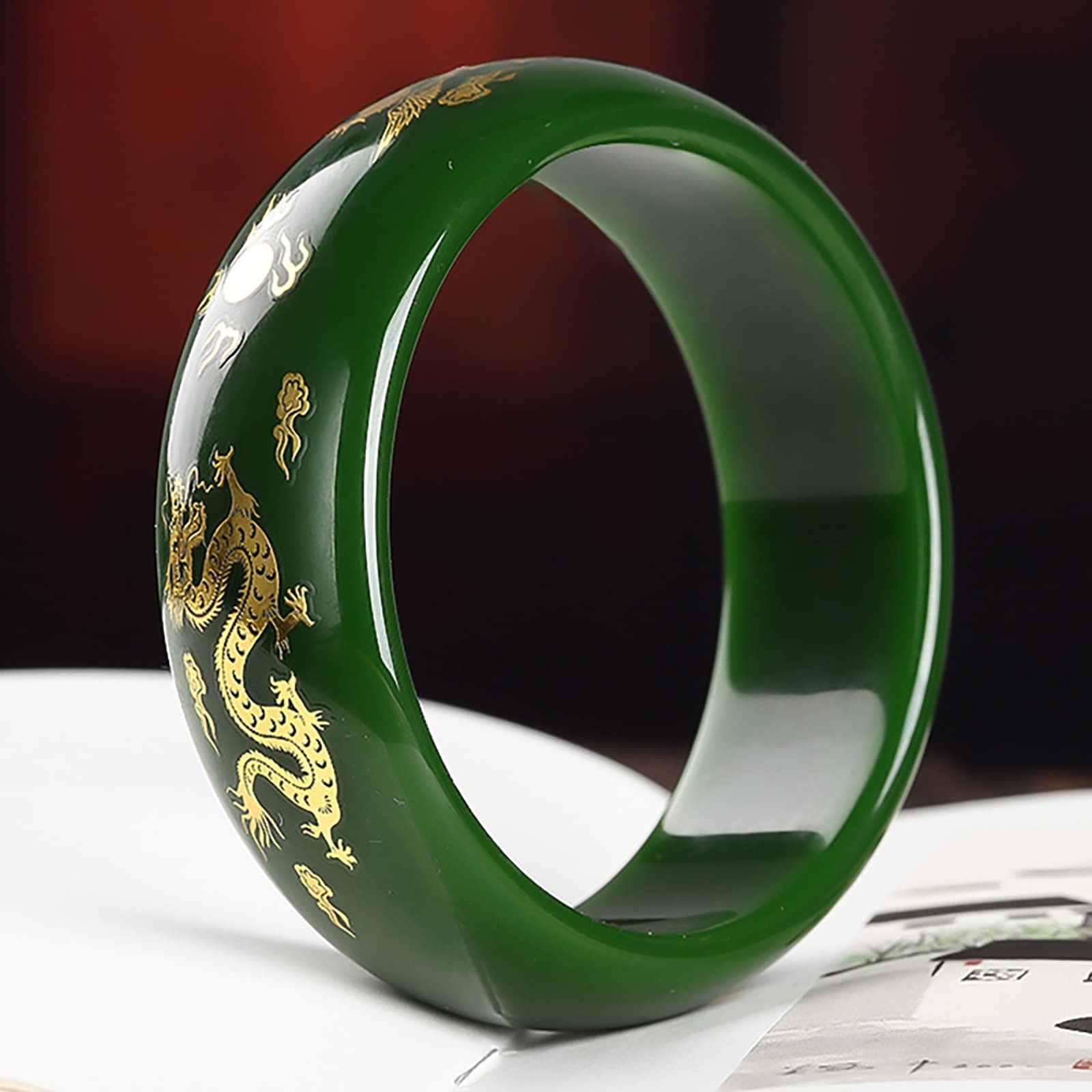 Natural Jade Bangle Bracelet for Women - Hand-Carved Dragon & Phoenix Design - Widened & Thickened Round Bangle (64-66mm/2.52-2.6in) - Elegant Asian Jewelry for Weddings, Parties & Special Occasions