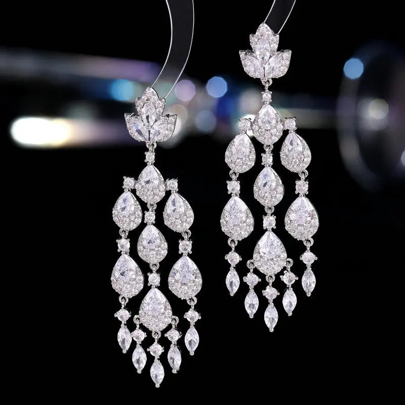 Sparkling Cubic Zirconia Long Dangle Tassel Earrings for Women - Elegant Wedding, Bridal Party & Evening Banquet Jewelry Accessories | Perfect for Prom, Gala & Special Occasions