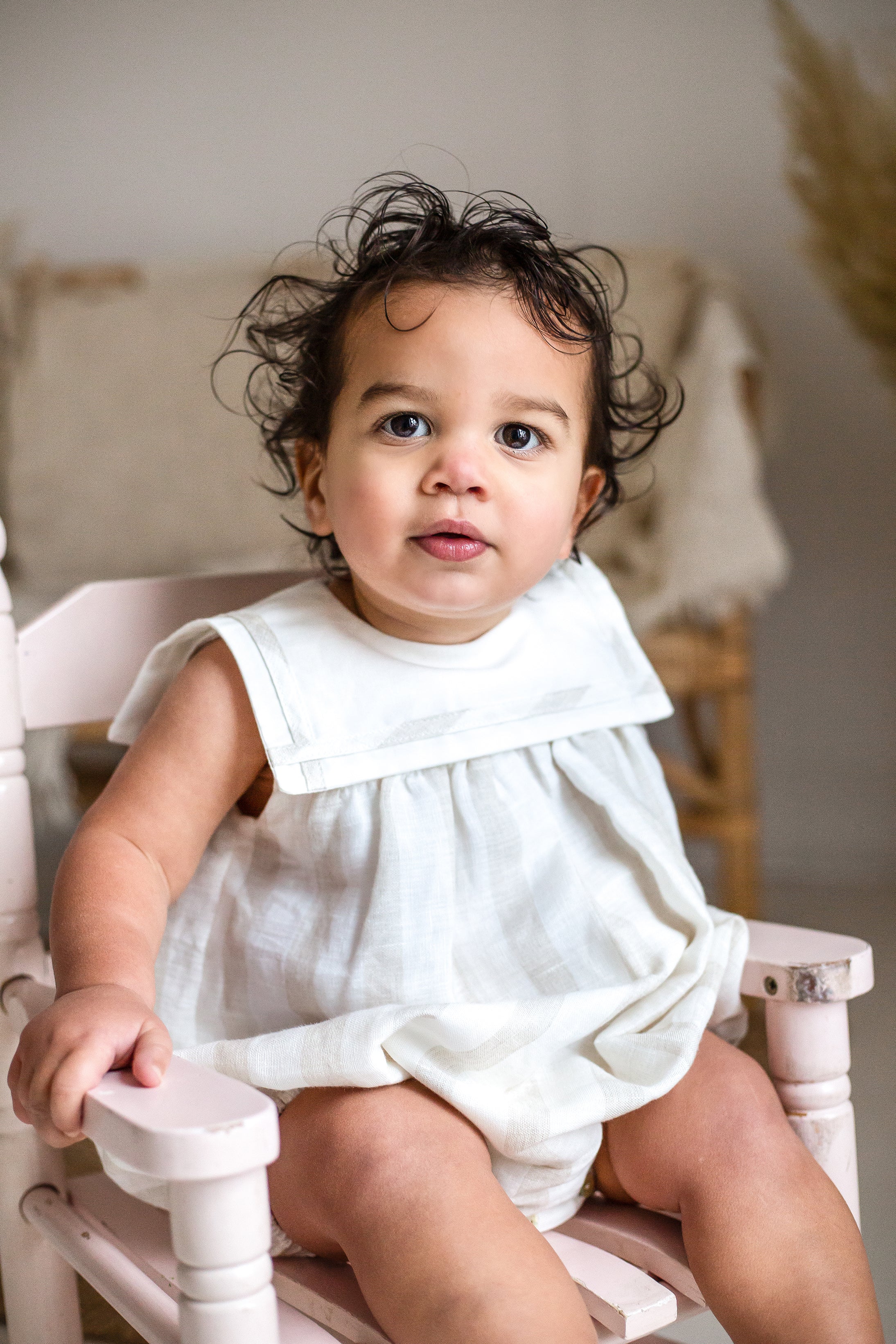 Miles Ivory & Beige Striped Sailor Romper for Baby Girls - Cute One-Piece Outfit for Summer, Beach, and Photo Shoots