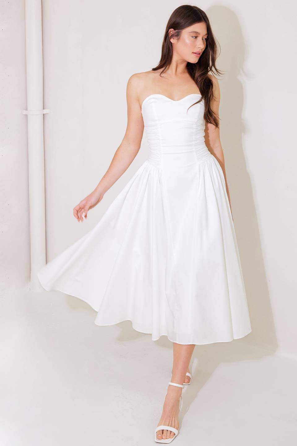 Gorgeous Reputation Strapless Midi Dress in White - Perfect for Weddings, Parties & Evening Events