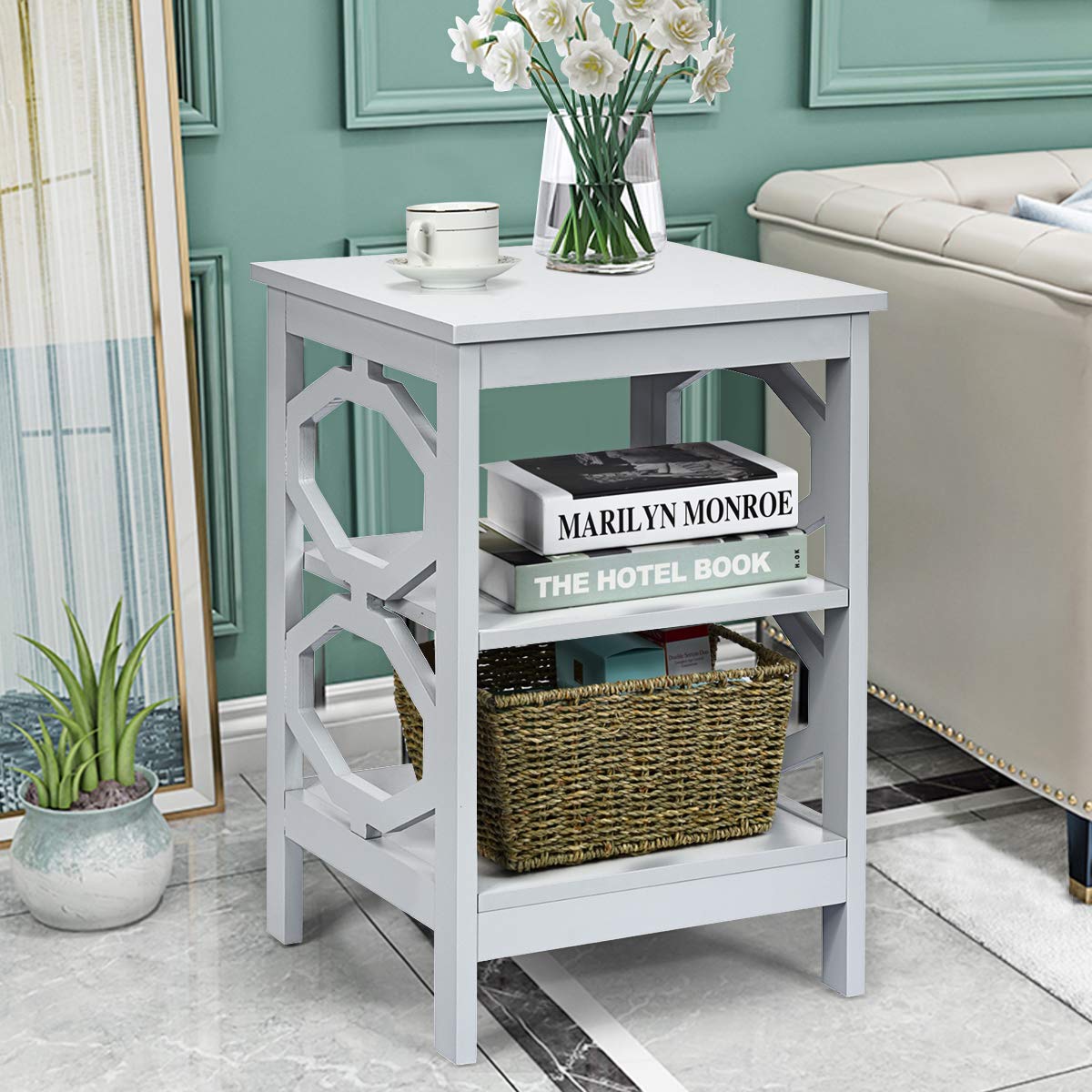 KOTEK 3-Tier Nightstand Set of 2, Wooden Side Table with Storage Shelves for Bedroom & Living Room - Sturdy Accent Table, End Table or Bedside Table - Easy Assembly (Grey) | Perfect for Small Spaces, Apartment Decor & Nightstand Organization