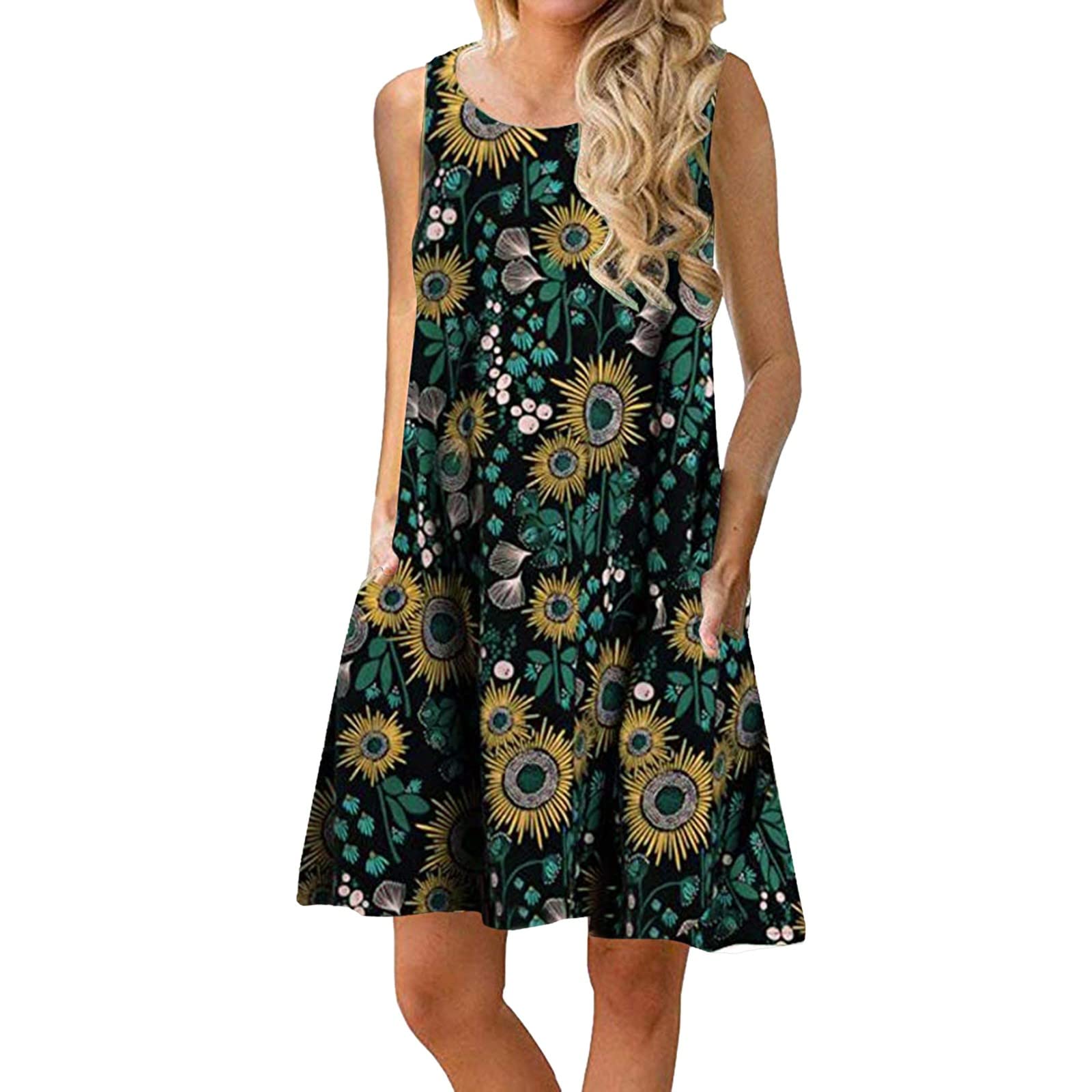 2971 Women's Sexy Beach Vacation Dress - Sleeveless Pullover Printed Swing Dress with Pockets & Round Neck Tank Top - Perfect for Summer, Travel, and Casual Outings