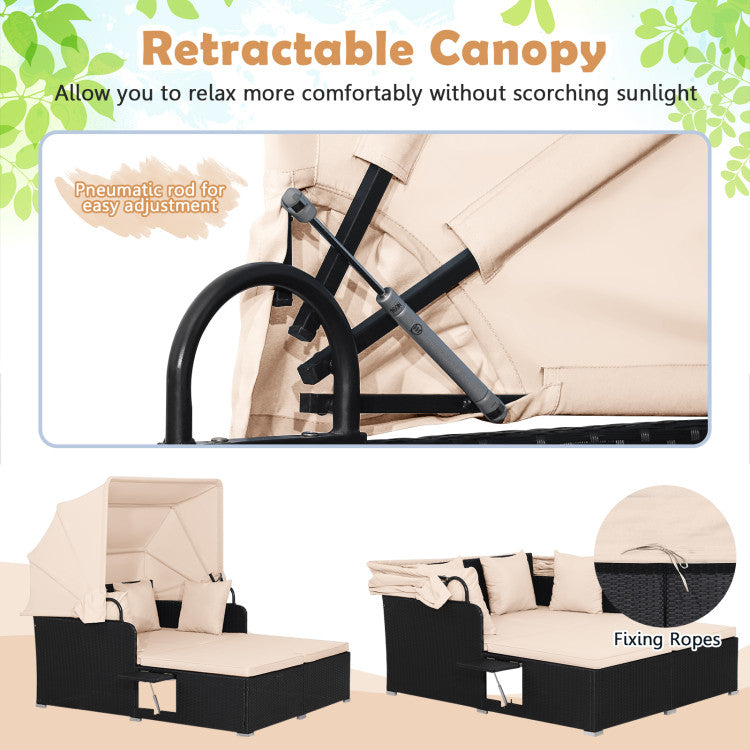 Costway Outdoor Patio Rattan Daybed with Retractable Canopy & Side Tables - Black - Perfect for Poolside Lounging, Garden Relaxation & Backyard Sunbathing