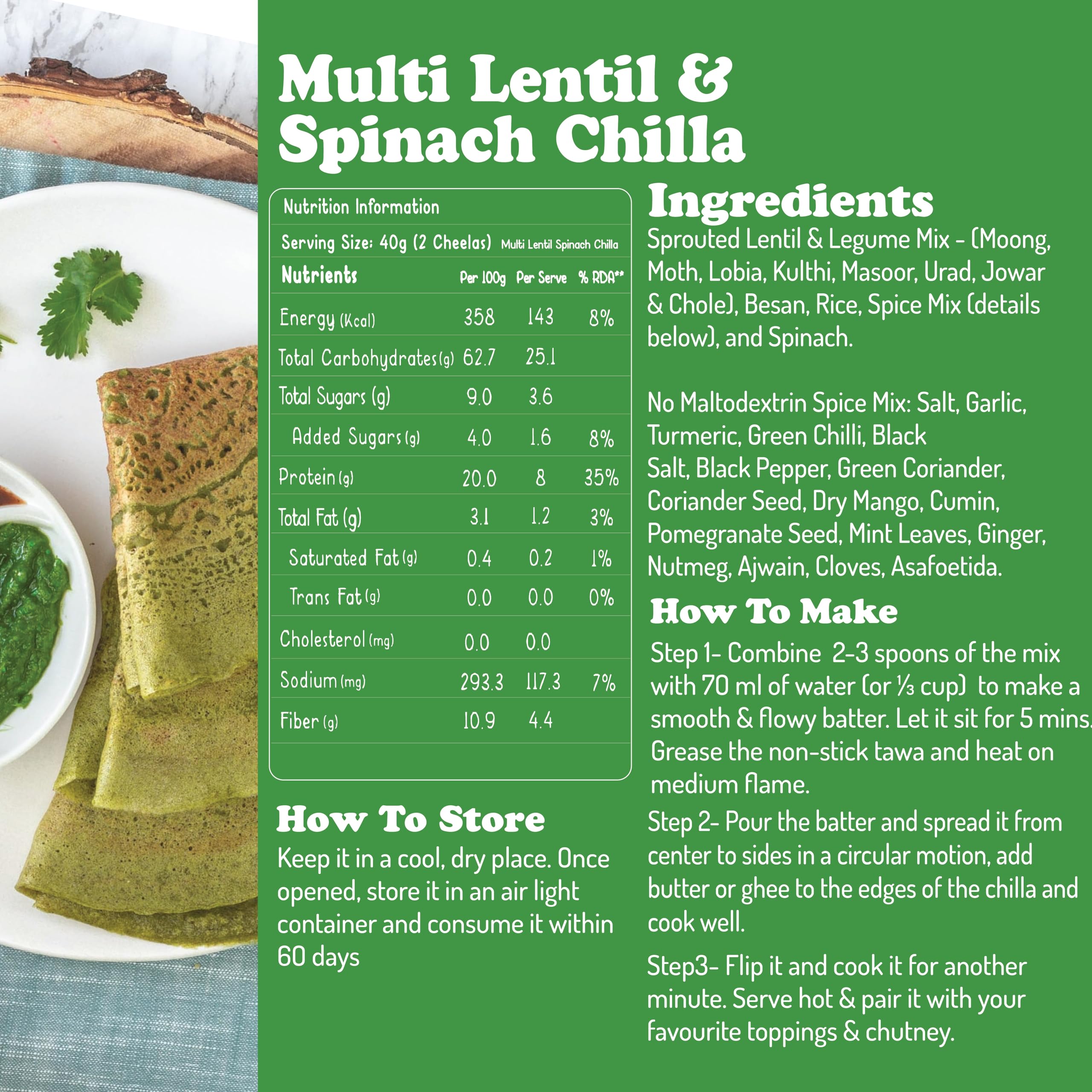 Gladful Sprouted Protein Spinach Instant Chilla Mix - Gluten Free, High Protein & Fiber Rich Healthy Food - 200g (Pack of 1) - Perfect for Breakfast, Vegan Diet & Weight Loss