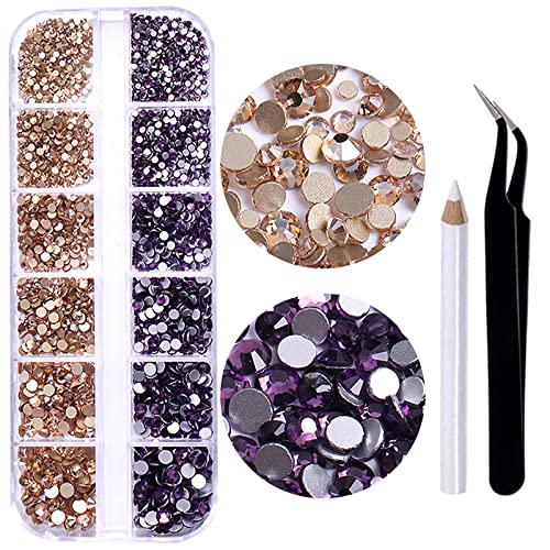 RODAKY 1500Pcs Purple & Champagne Gold Nail Rhinestones - 6 Size Flatback Crystal Gems for Nail Art, DIY Crafts, Jewelry Making - Perfect for Wedding, Salon, Party Nail Designs