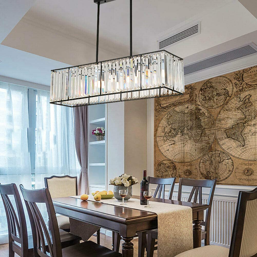 OUKANING Adjustable Rectangle Crystal Chandelier - Modern Pool Crystal Ceiling Pendant Light for Dining Room, Kitchen Island, Living Room, Bedroom, and Office