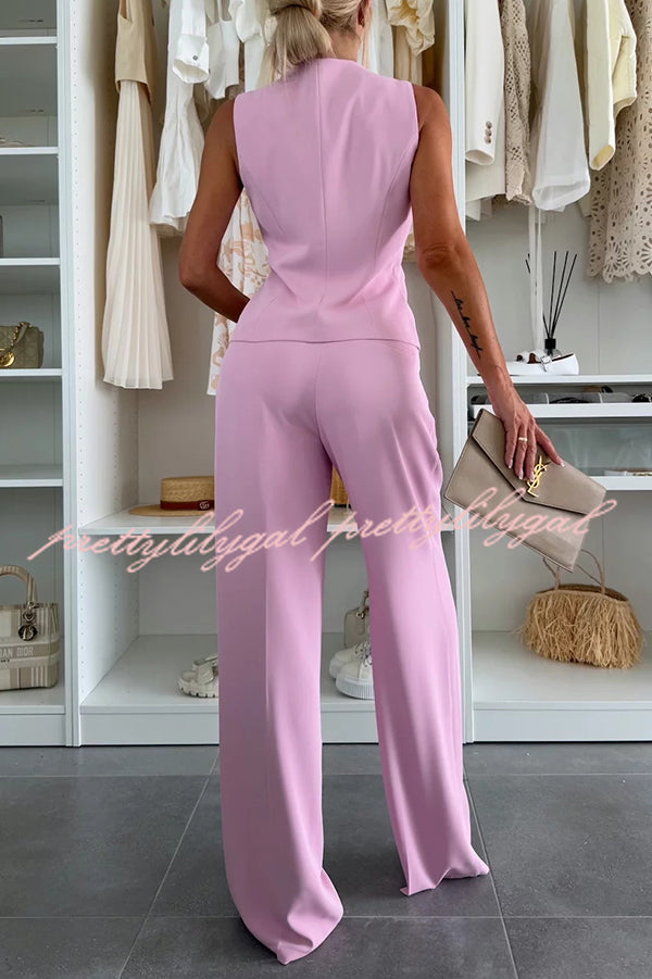 Stylish Women's Sleeveless Button Vest & Relaxed Pocket Wide Leg Pants Set - Office Workwear & Business Casual Outfit for Professional Women