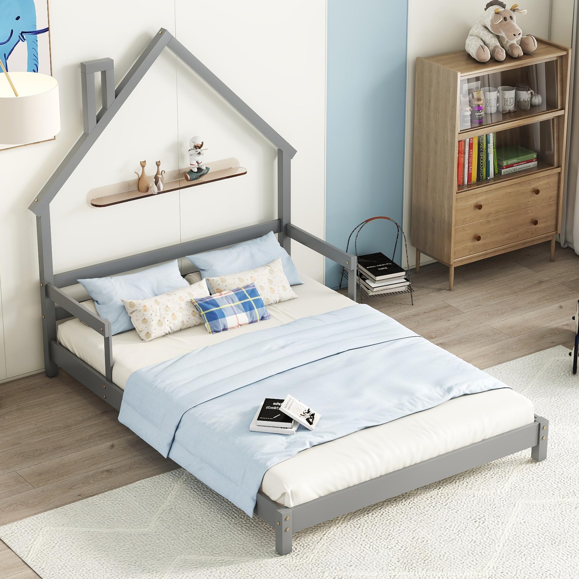 Bellemave Full Size Bed Frame for Kids - Low Platform Bed with House-Shaped Headboard & Safety Rails, Sturdy Wooden Frame for Girls & Boys, No Box Spring Needed (Grey) - Perfect for Kids' Bedrooms, Playrooms & Nursery Decor
