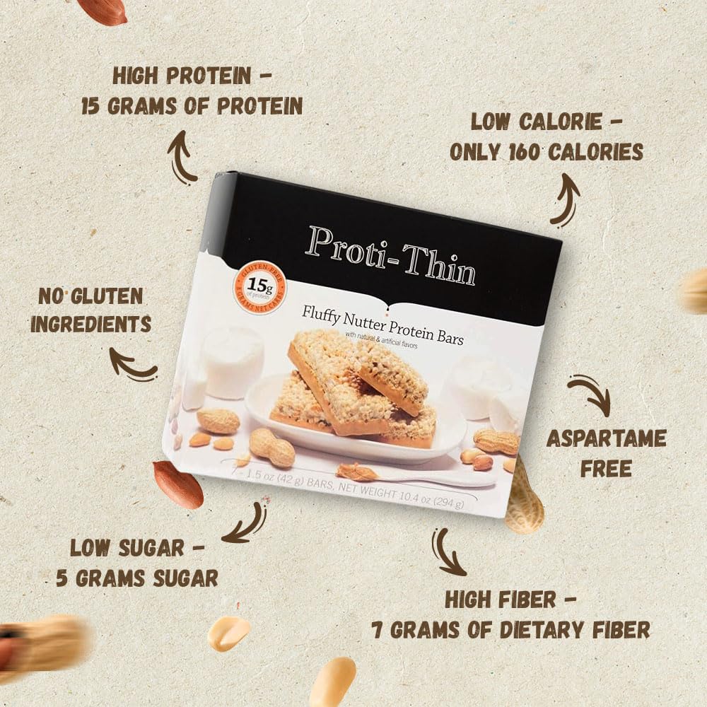 Proti-Thin Fluffy Nutter Protein Bar - 15g Protein, Low Carb, High Fiber, Keto & Gluten Free Snack - Ideal for Weight Loss, Diet & Fitness - 7 Count Box (6 Boxes - Save 10%) - Perfect for On-the-Go, Workout & Healthy Lifestyle
