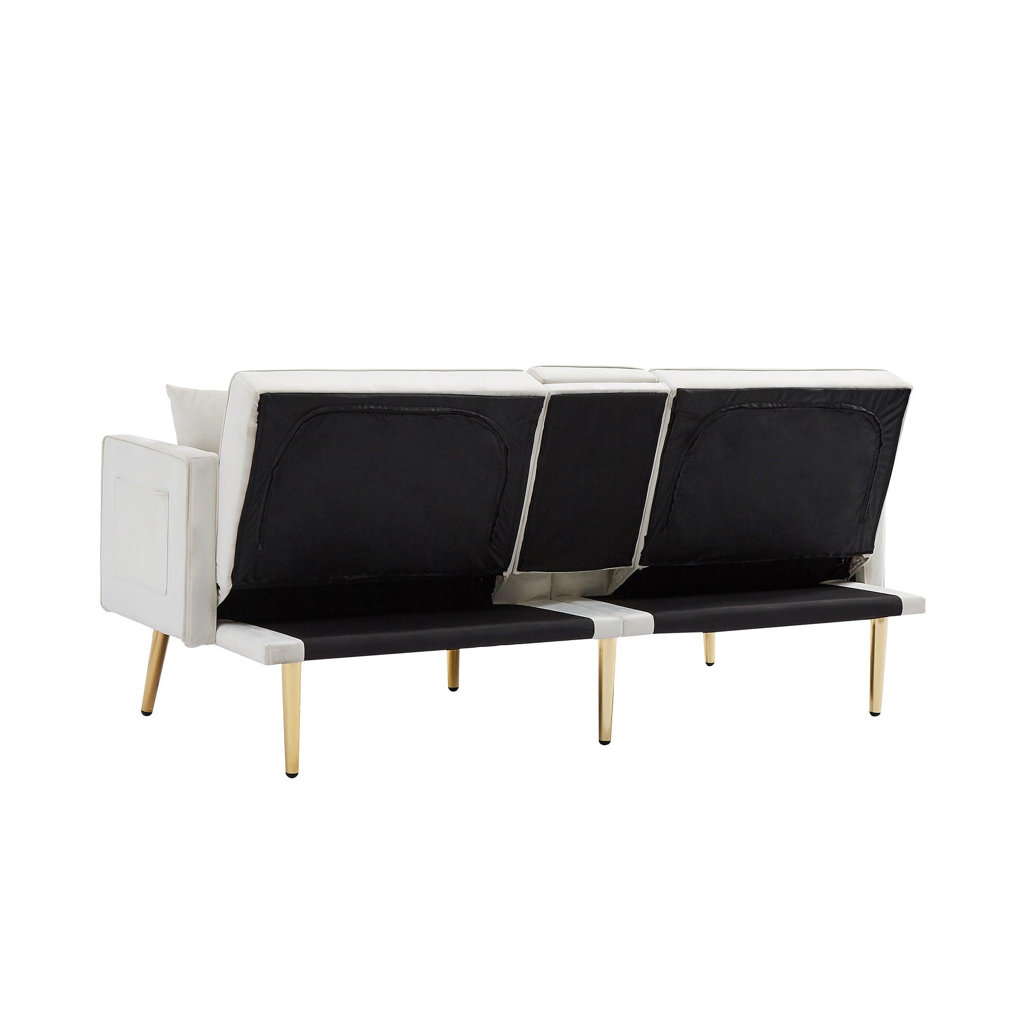 Cream White Velvet Futon Sofa Bed with Gold Metal Legs - Convertible Sleeper for Small Spaces, Living Room & Guest Room | Modern Comfort & Style