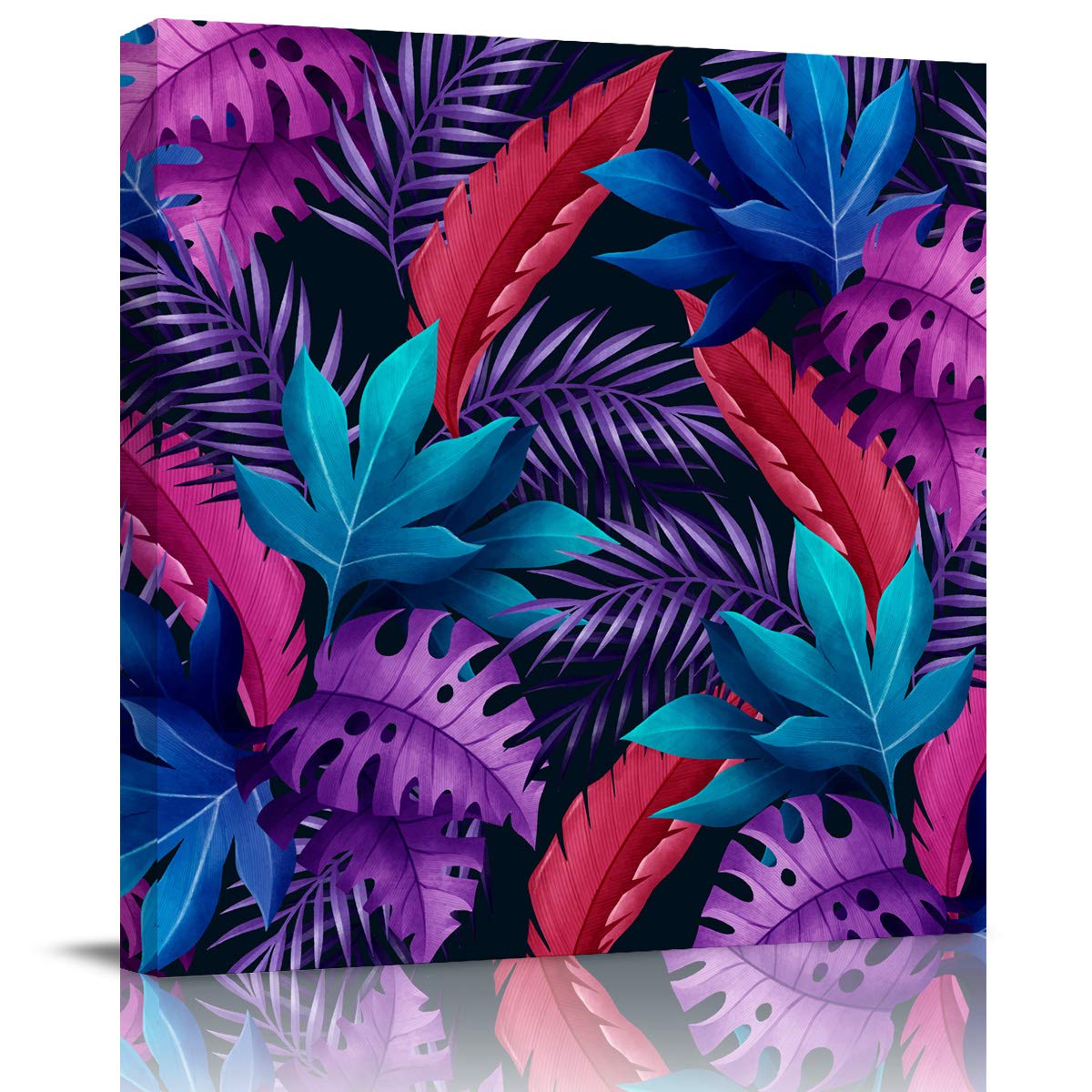 Tropical Turtle Leaf Summer Watercolor Canvas Wall Art - Stretched & Framed Oil Painting Print, Purple Palm Tree Seamless Decor for Living Room, Bedroom, Kitchen - 24x24 Inch | Beach Theme Home Decor, Coastal Style Wall Art