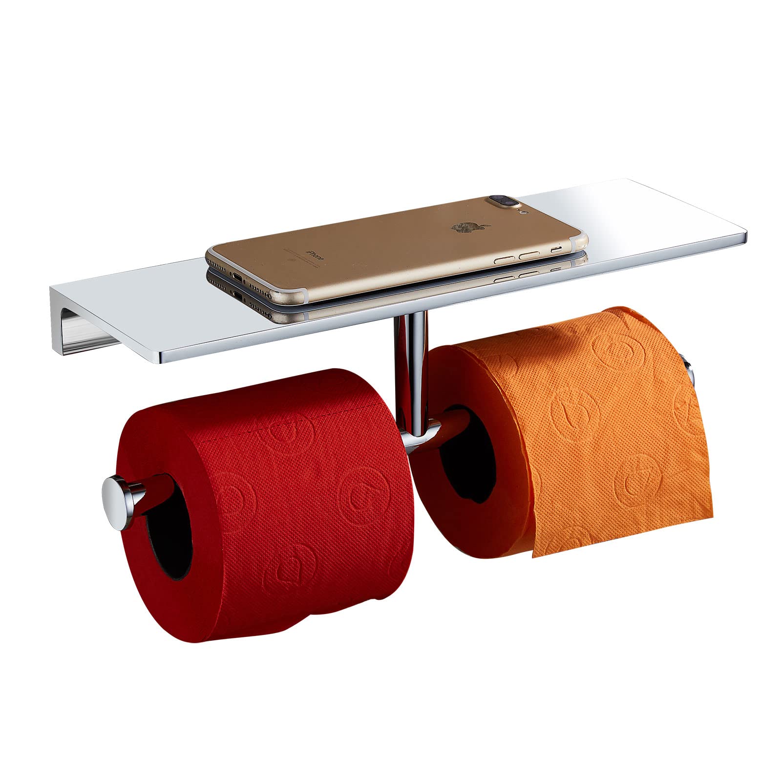 Premium Chrome Double Toilet Paper Holder with Shelf - Wall Mounted Brass Tissue Dispenser for Bathroom, Home & Hotel Use - Ideal for Space Saving and Stylish Bathroom Organization