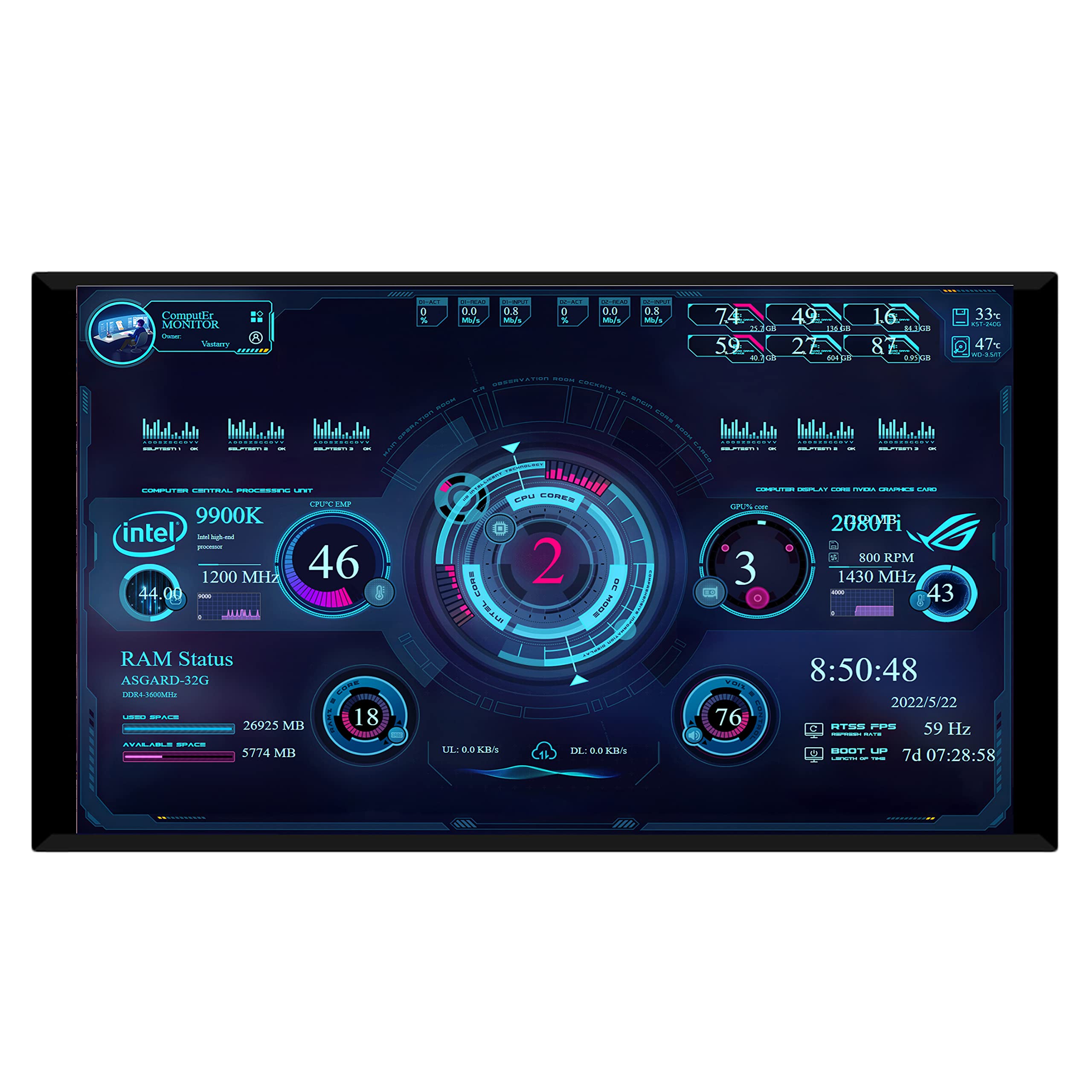 7 Inch LCD Monitor 1920x1200 Full HD with HDMI - AIDA64 Hardware Monitoring Panel & RGB Dynamic Case Light - Perfect for PC Build, Gaming Setup, and Music Visualization