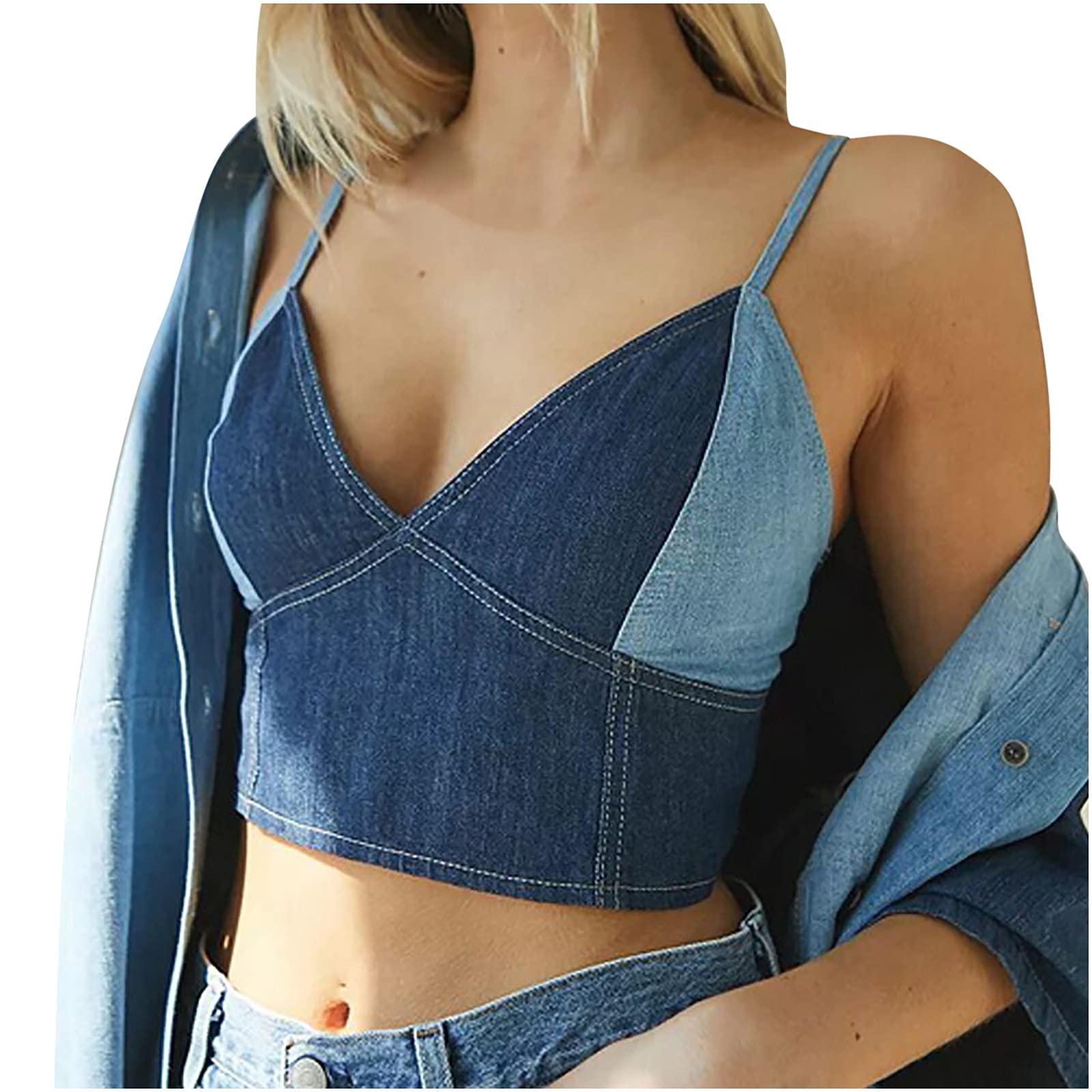 Sexy Denim Crop Vest for Women - Patchwork V-Neck Blouse with Assorted Colors | Perfect for Summer Outfits, Music Festivals & Casual Street Style